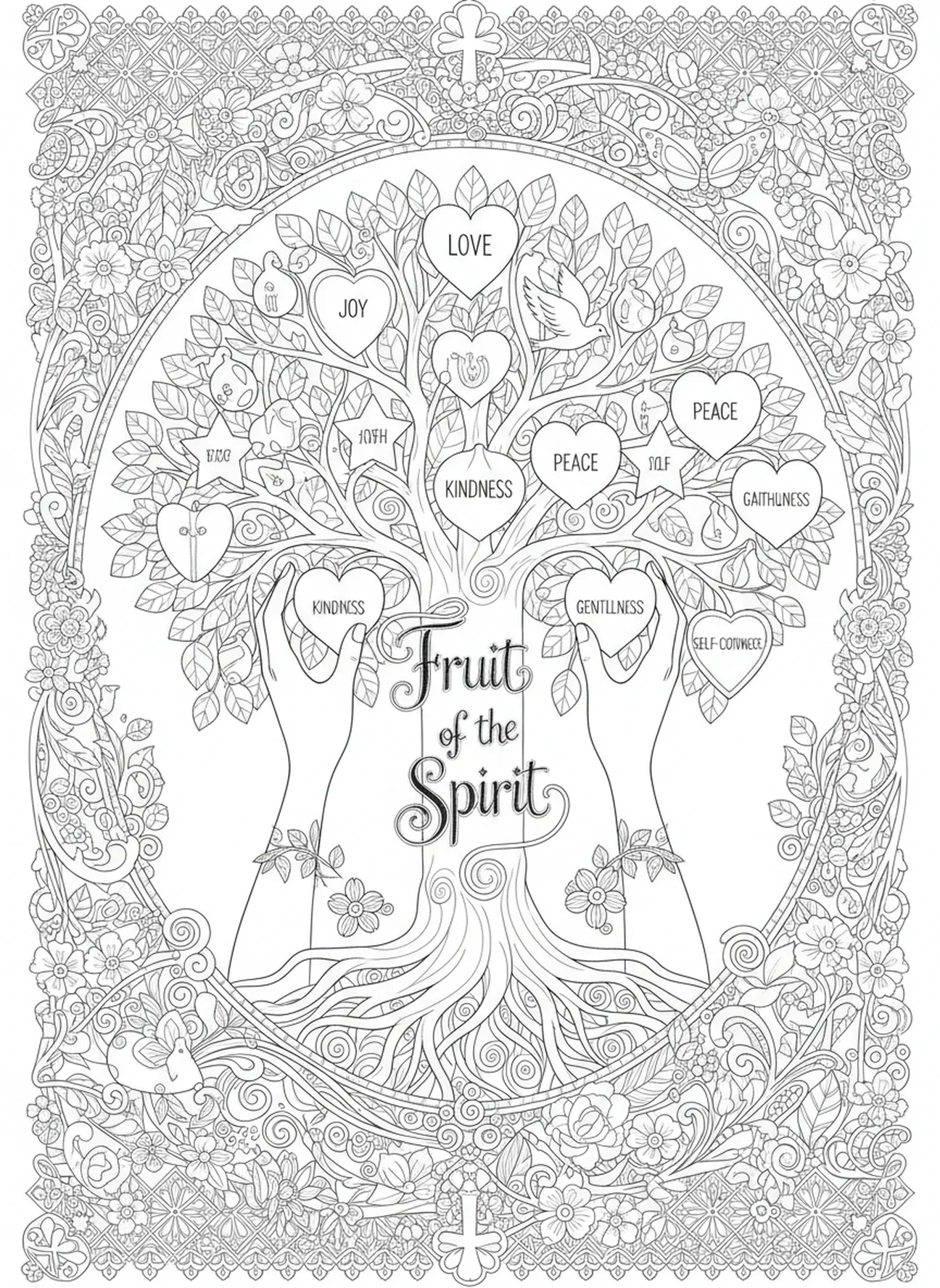 Mãos colhendo frutos da árvore do Fruto do Espírito, página de colorir do Fruto do Espírito para adultos no estilo de journaling bíblico.