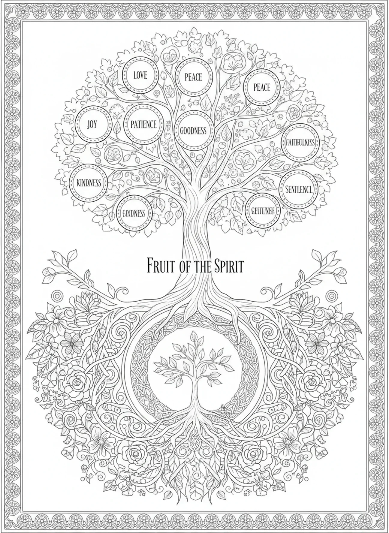 Pequeno broto crescendo sob a árvore do Fruto do Espírito, página para colorir do Fruto do Espírito no estilo de journaling bíblico para adultos.