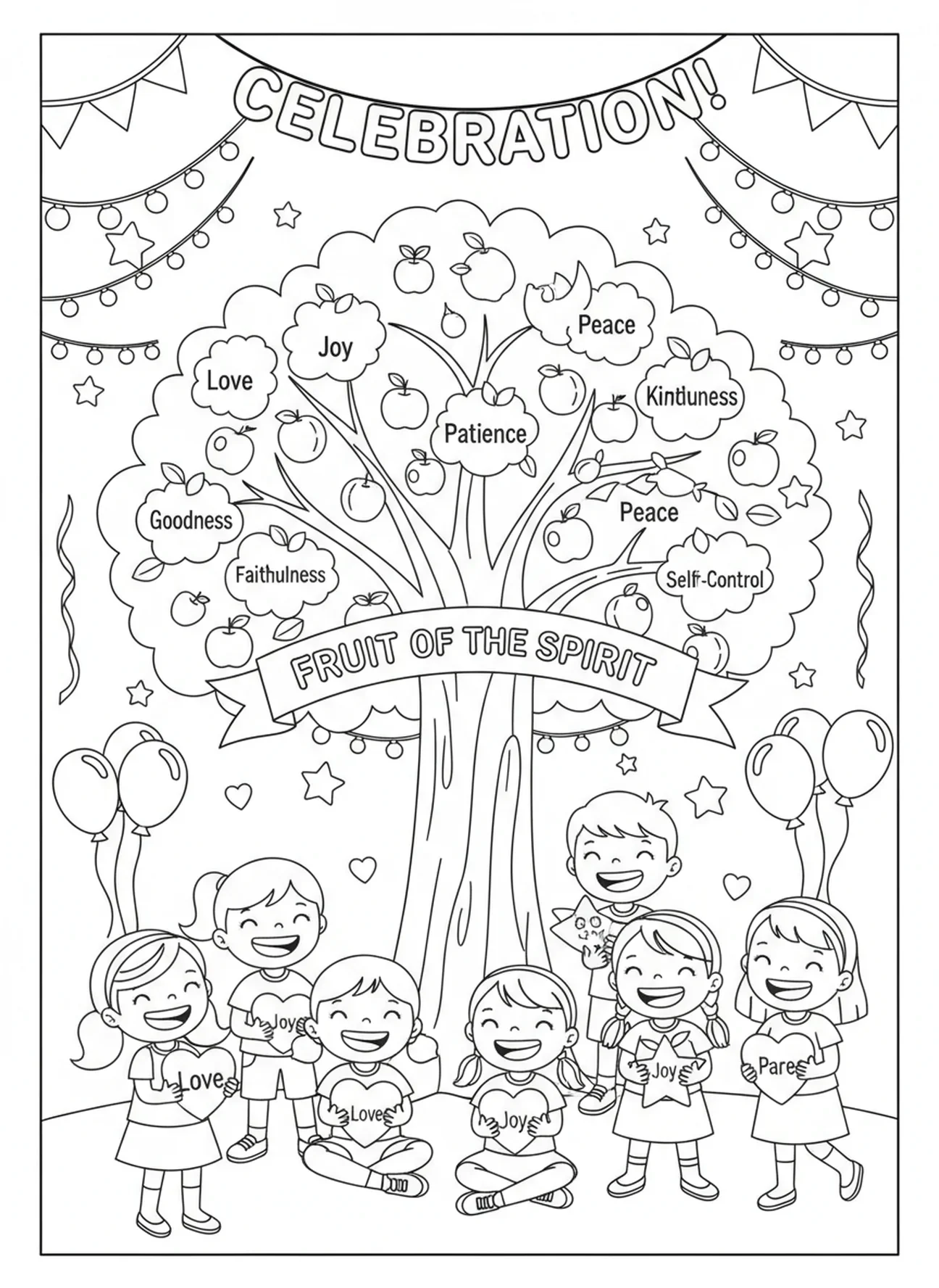 Enfants célébrant sous l'arbre, page à colorier Arbre des Fruits de l'Esprit pour les enfants de 5 à 10 ans