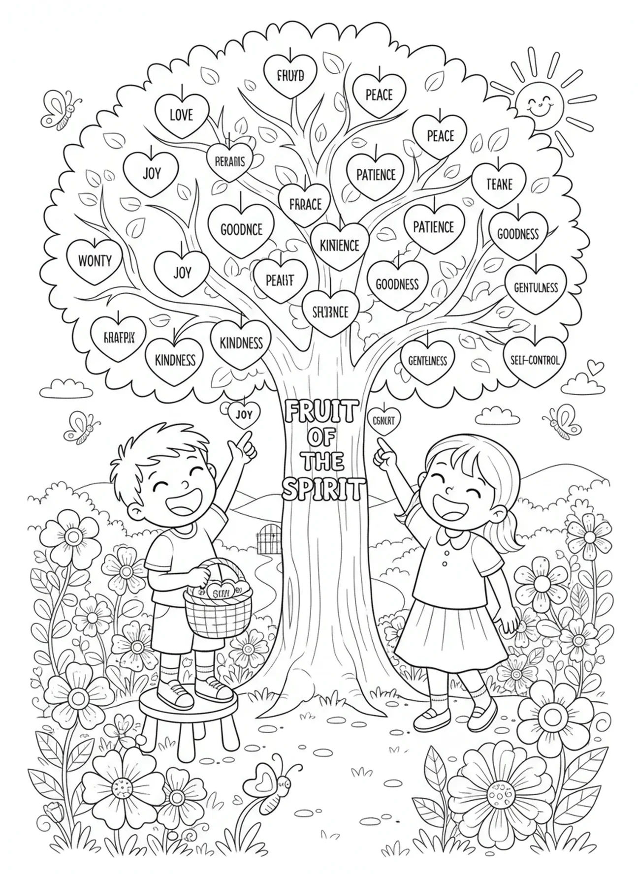 Deux enfants récoltant des fruits, page à colorier Arbre des Fruits de l'Esprit pour les enfants de 5 à 10 ans