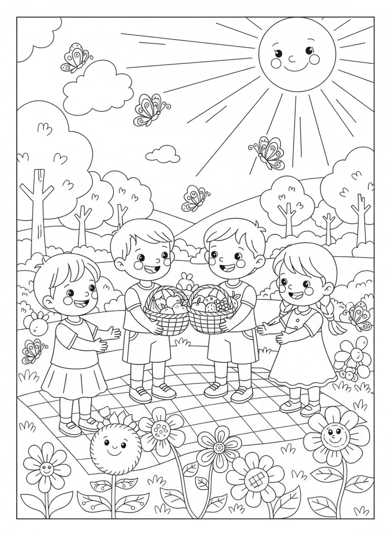 Enfants partageant des fruits, page à colorier Arbre des Fruits de l'Esprit pour les enfants de 5 à 10 ans