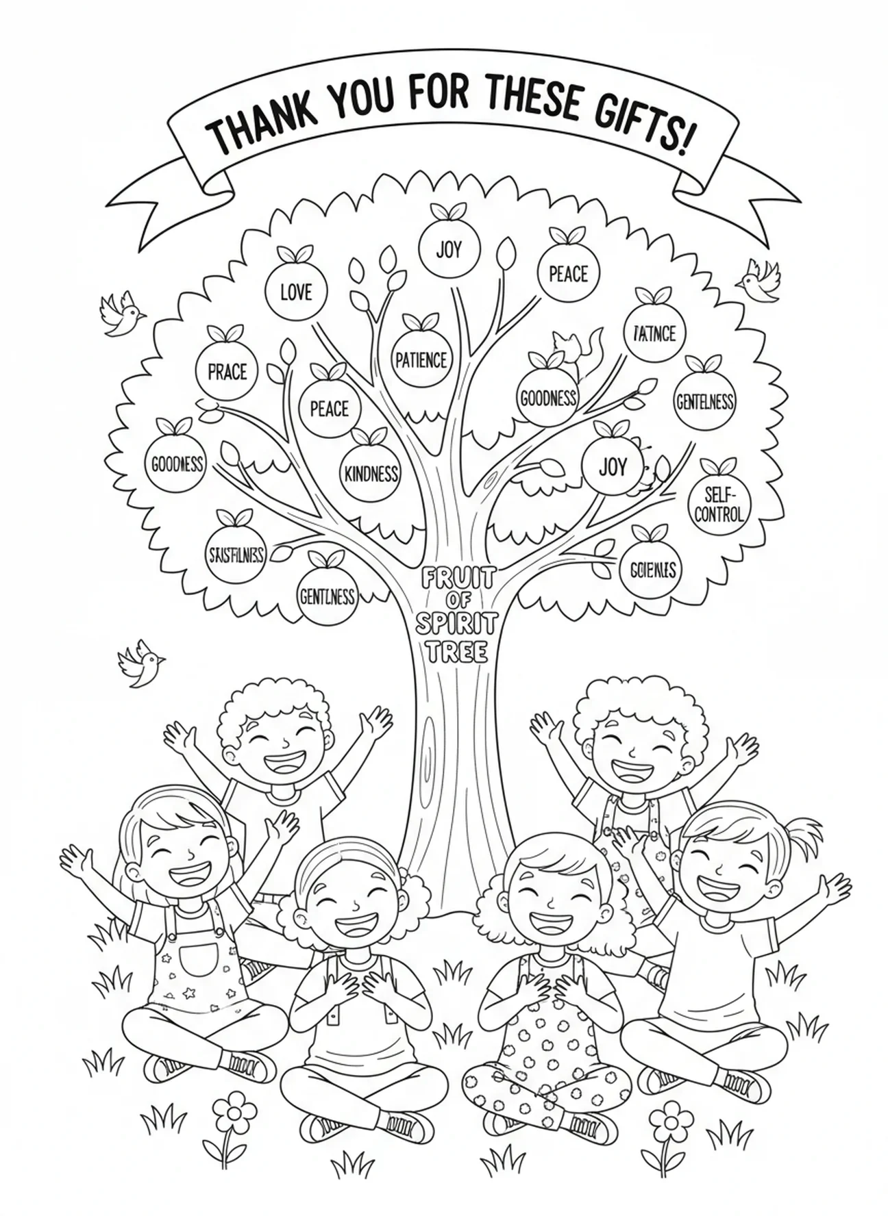 Enfants sous l'arbre, page à colorier Arbre des Fruits de l'Esprit pour les enfants de 5 à 10 ans