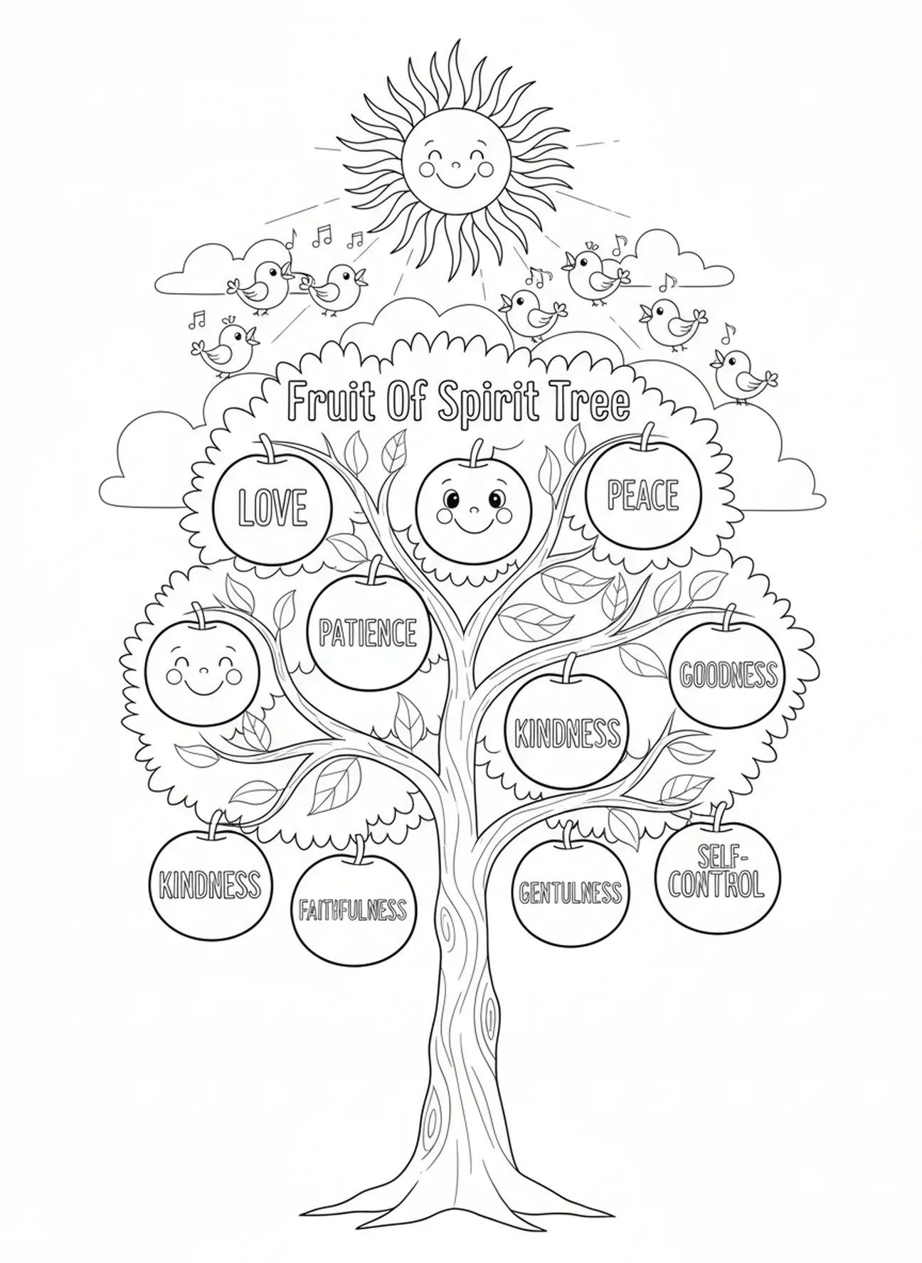 Arbre en croissance avec des oiseaux, page à colorier Arbre des Fruits de l'Esprit pour les enfants de 5 à 10 ans