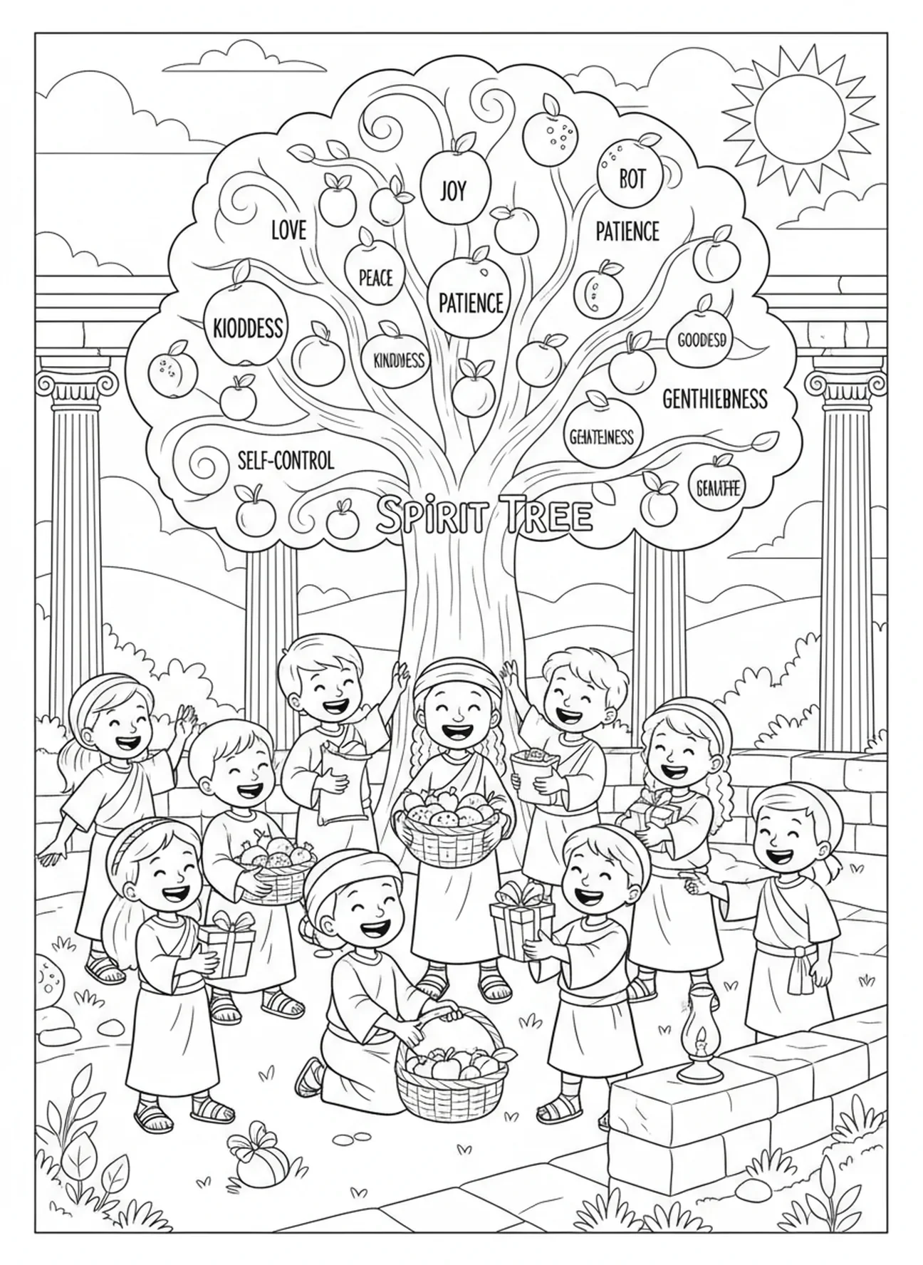 Crianças compartilhando frutos da Árvore do Espírito, página de colorir Frutos do Espírito para crianças da Escola Dominical de 5 a 12 anos.