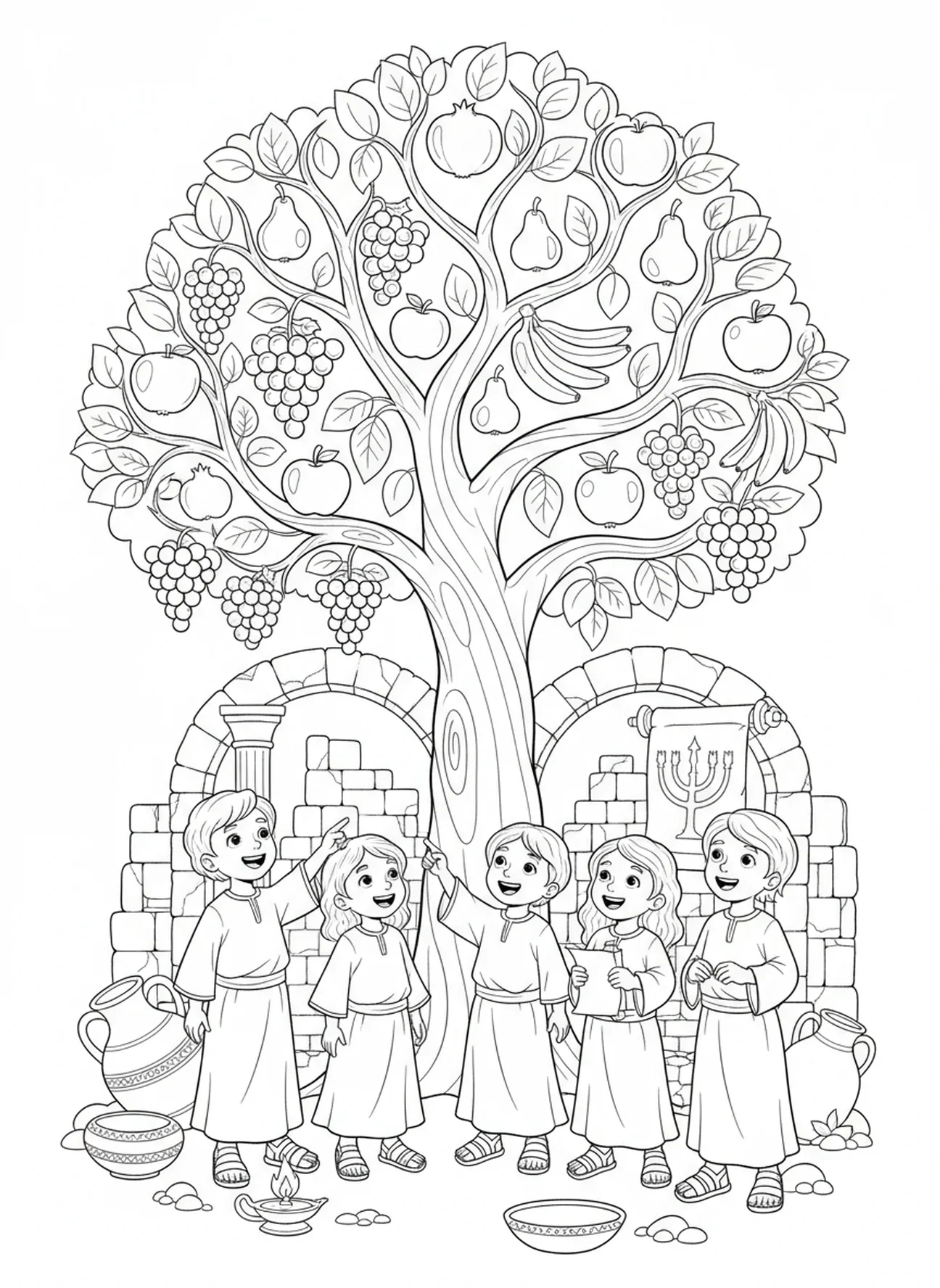 Crianças admirando a abundância da Árvore do Espírito, página para colorir da Fruta da Árvore do Espírito para crianças da Escola Dominical de 5 a 12 anos.