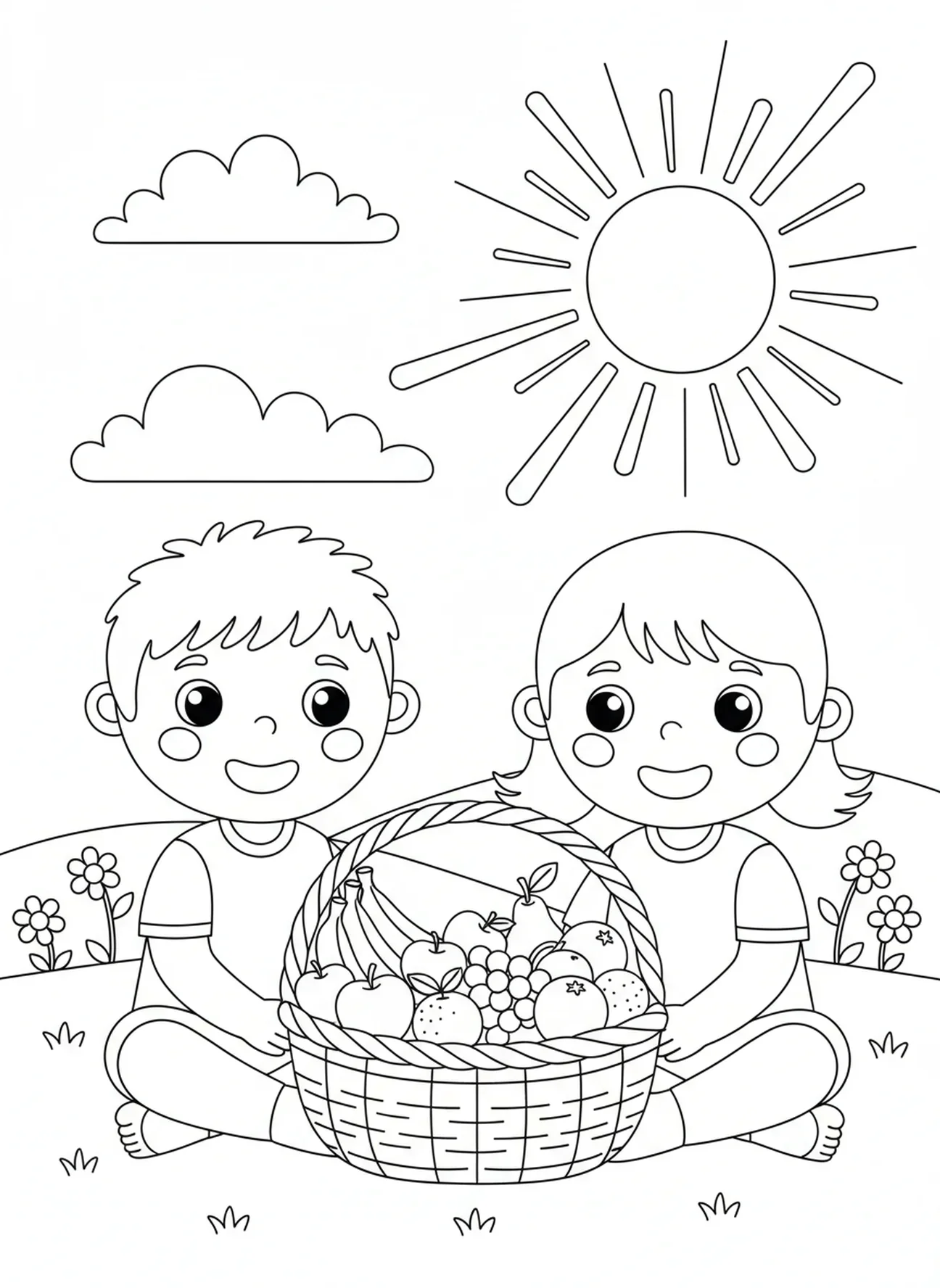 Deux enfants partageant des fruits, page à colorier sur le contrôle de soi pour les enfants de 5 à 10 ans