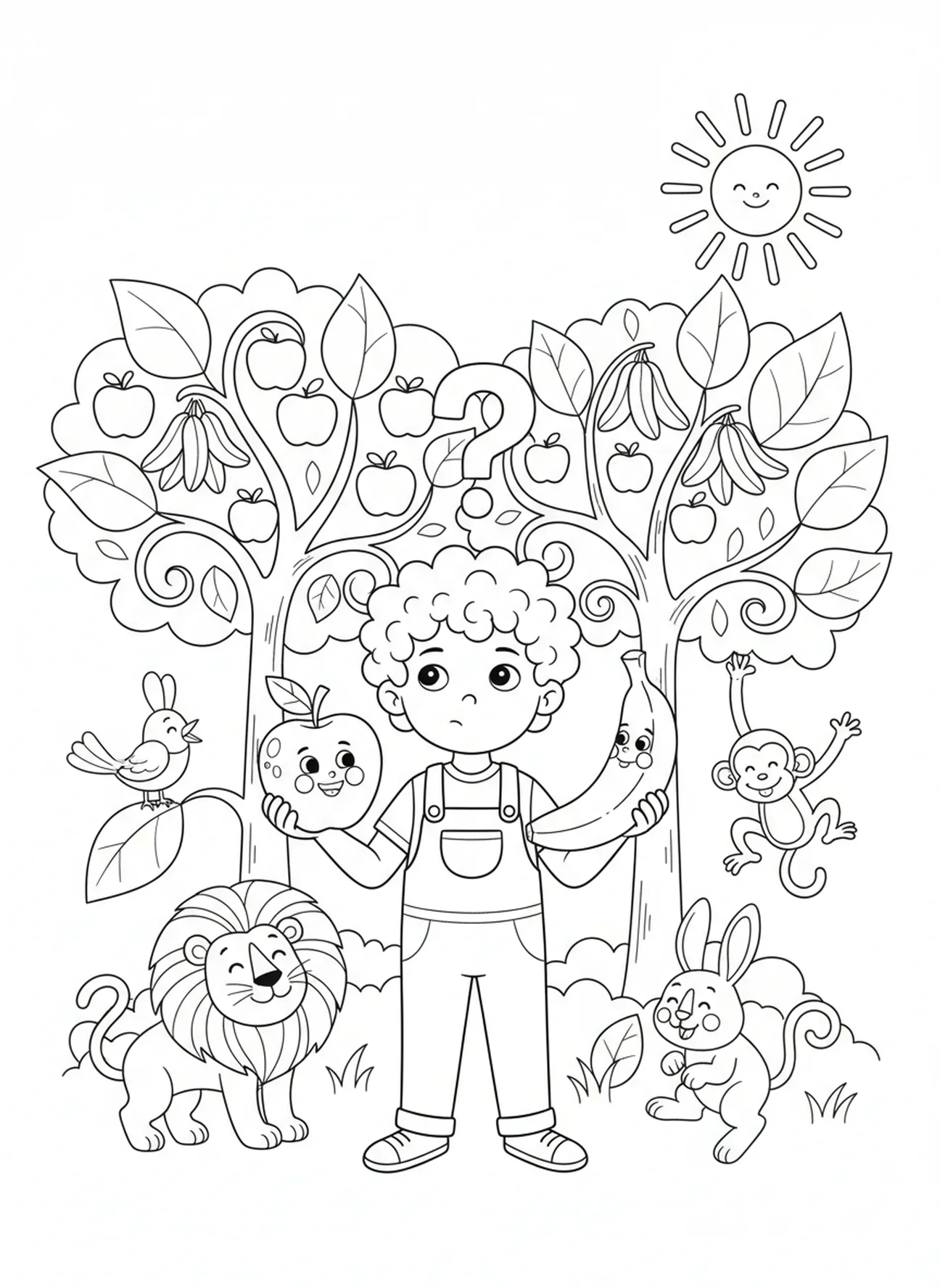 Enfant choisissant entre des fruits, page à colorier sur le contrôle de soi avec des fruits pour les enfants de 5 à 10 ans