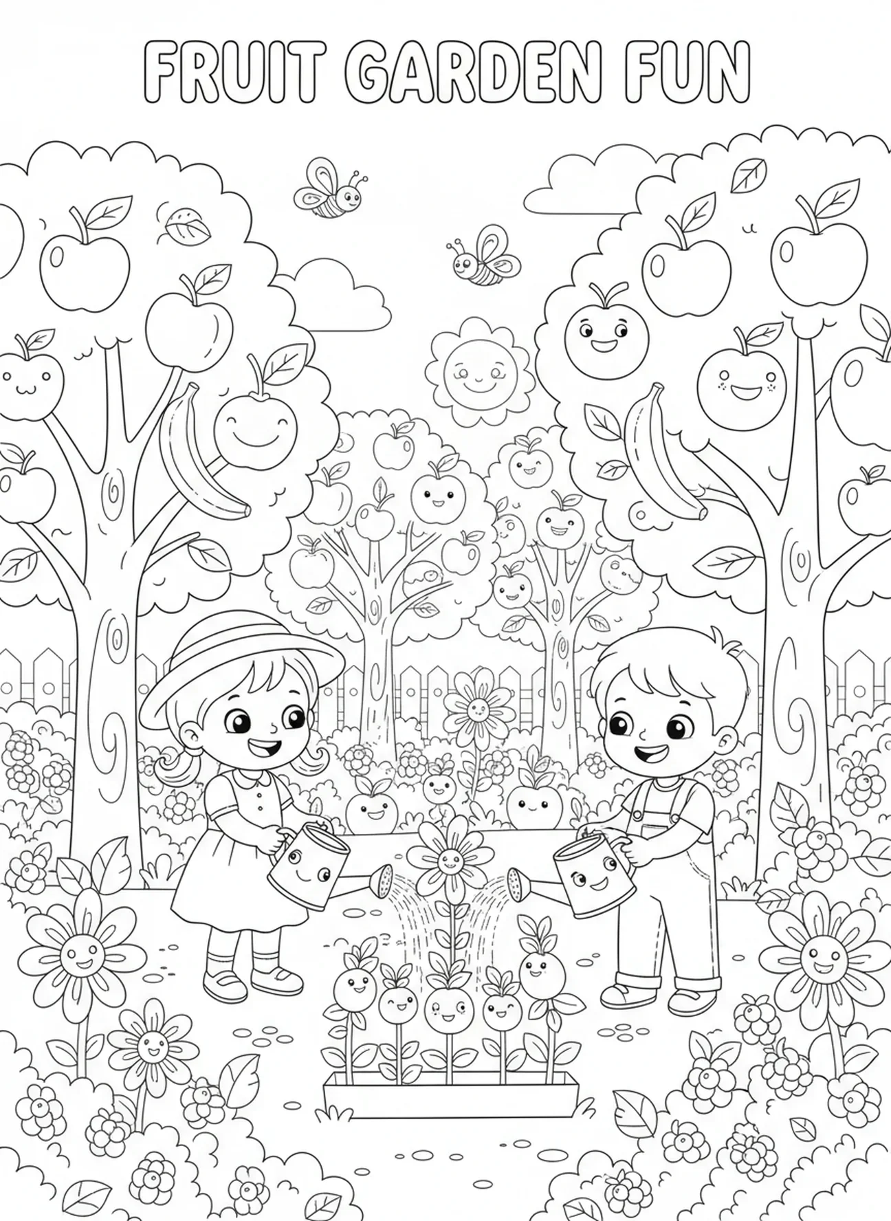Enfants prenant soin d'un jardin fruitier, page à colorier sur le contrôle de soi pour les enfants de 5 à 10 ans