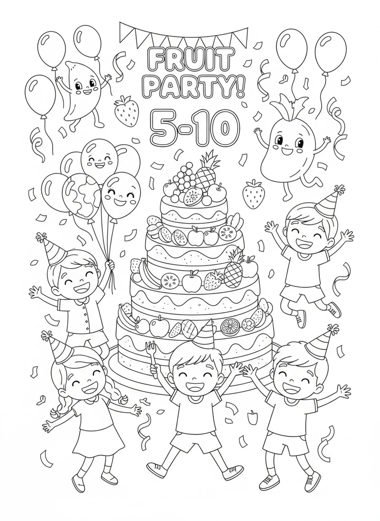 Enfants célébrant avec des fruits, page à colorier sur le contrôle de soi pour les enfants de 5 à 10 ans
