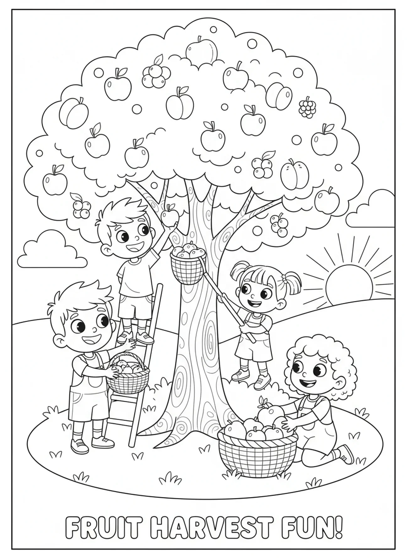 Groupe d'amis cueillant des fruits, page à colorier sur le contrôle de soi pour les enfants de 5 à 10 ans