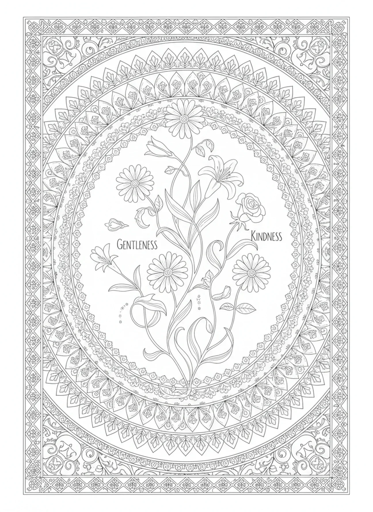 Flores delicadas, Frutos do Espírito - Página para colorir estilo Bíblia para adultos