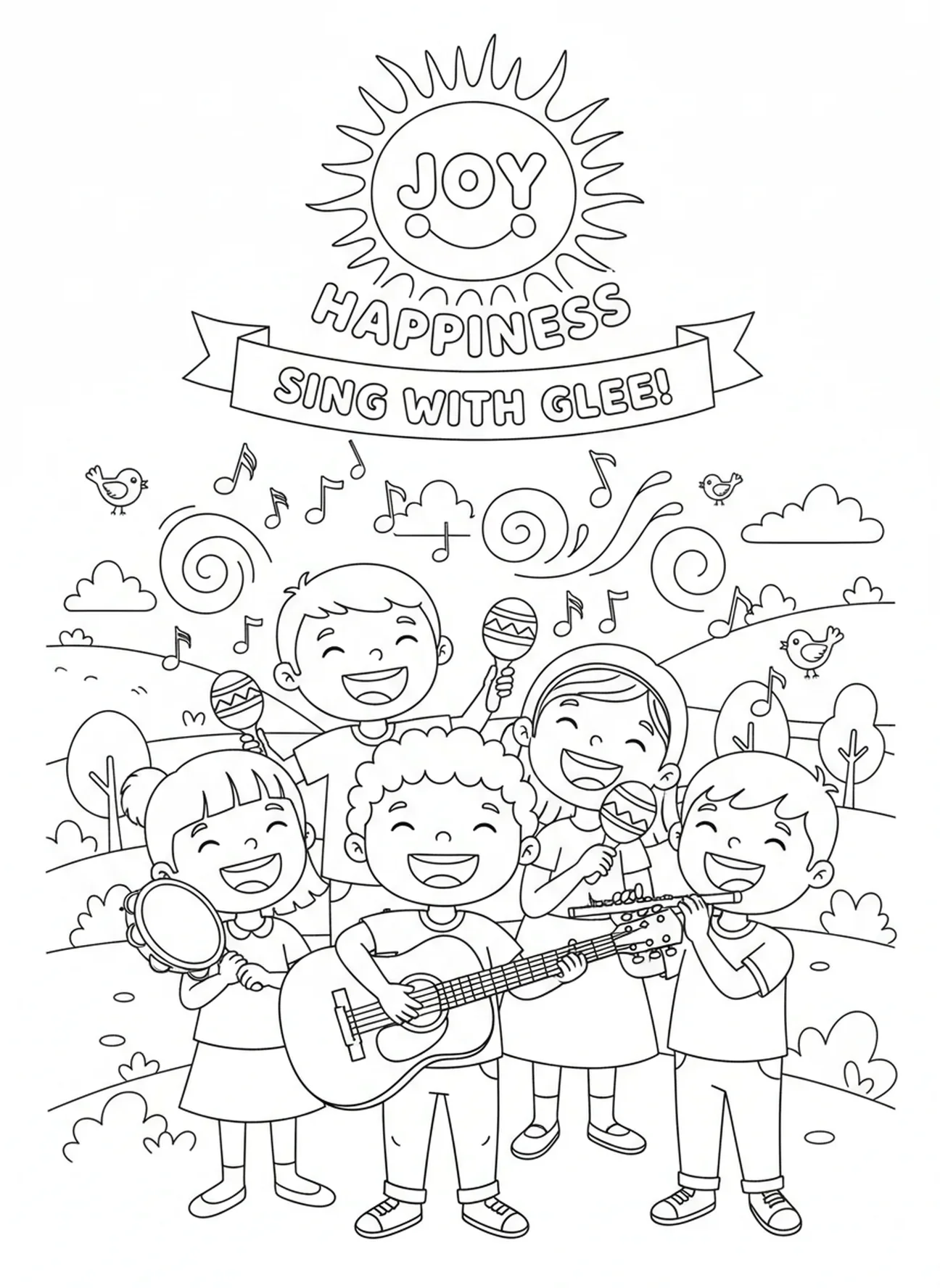Crianças cantando com instrumentos, Frutos do Espírito, página de colorir para crianças de 5 a 10 anos