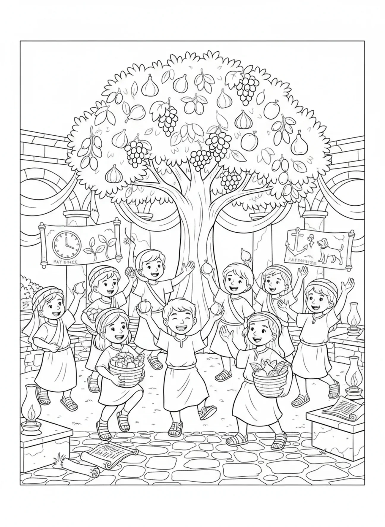Kinder feiern unter dem Obstbaum, Ausmalbild der Früchte des Geistes für Sonntagsschulkinder im Alter von 5-12 Jahren.