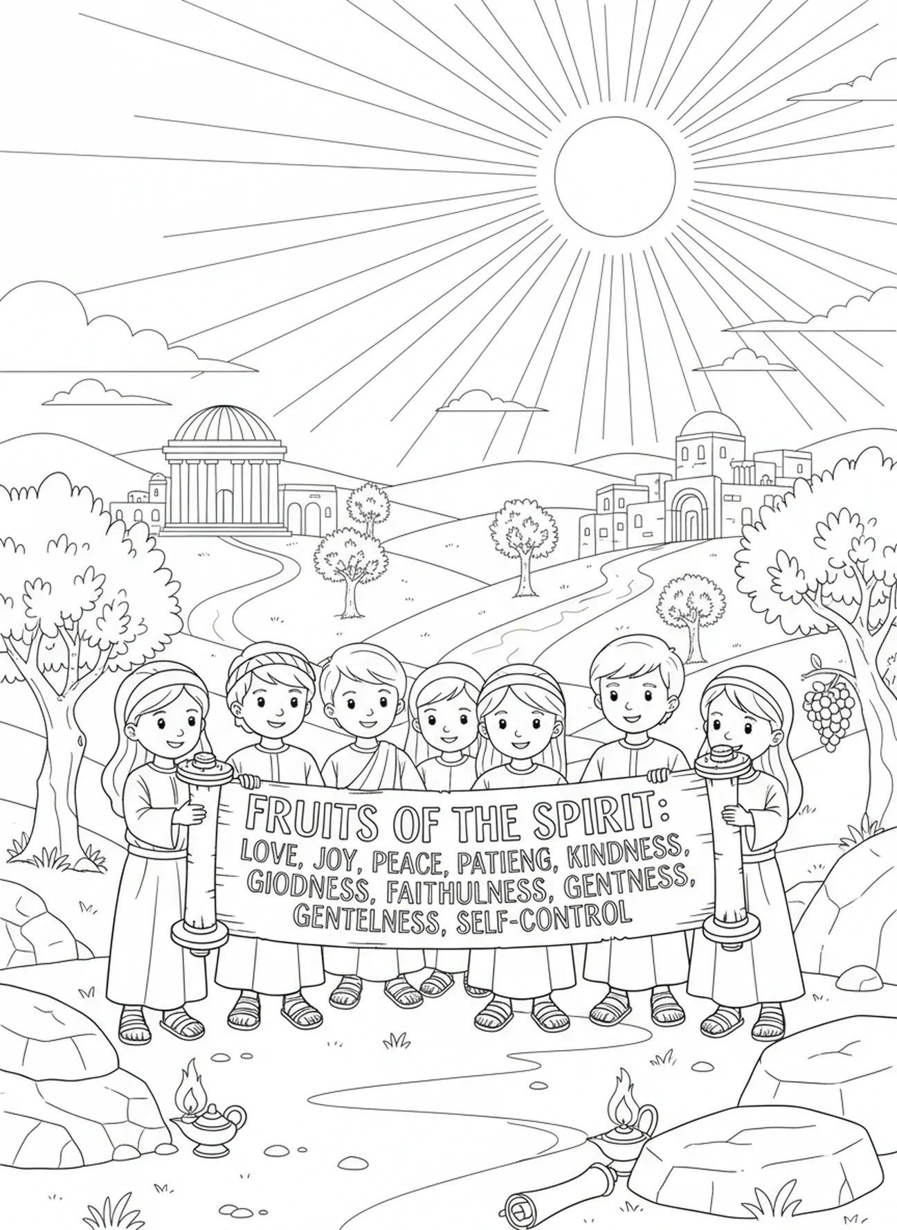Kinder halten ein Banner mit den Früchten des Geistes, Ausmalbild der Früchte des Geistes für Sonntagsschulkinder im Alter von 5-12 Jahren.