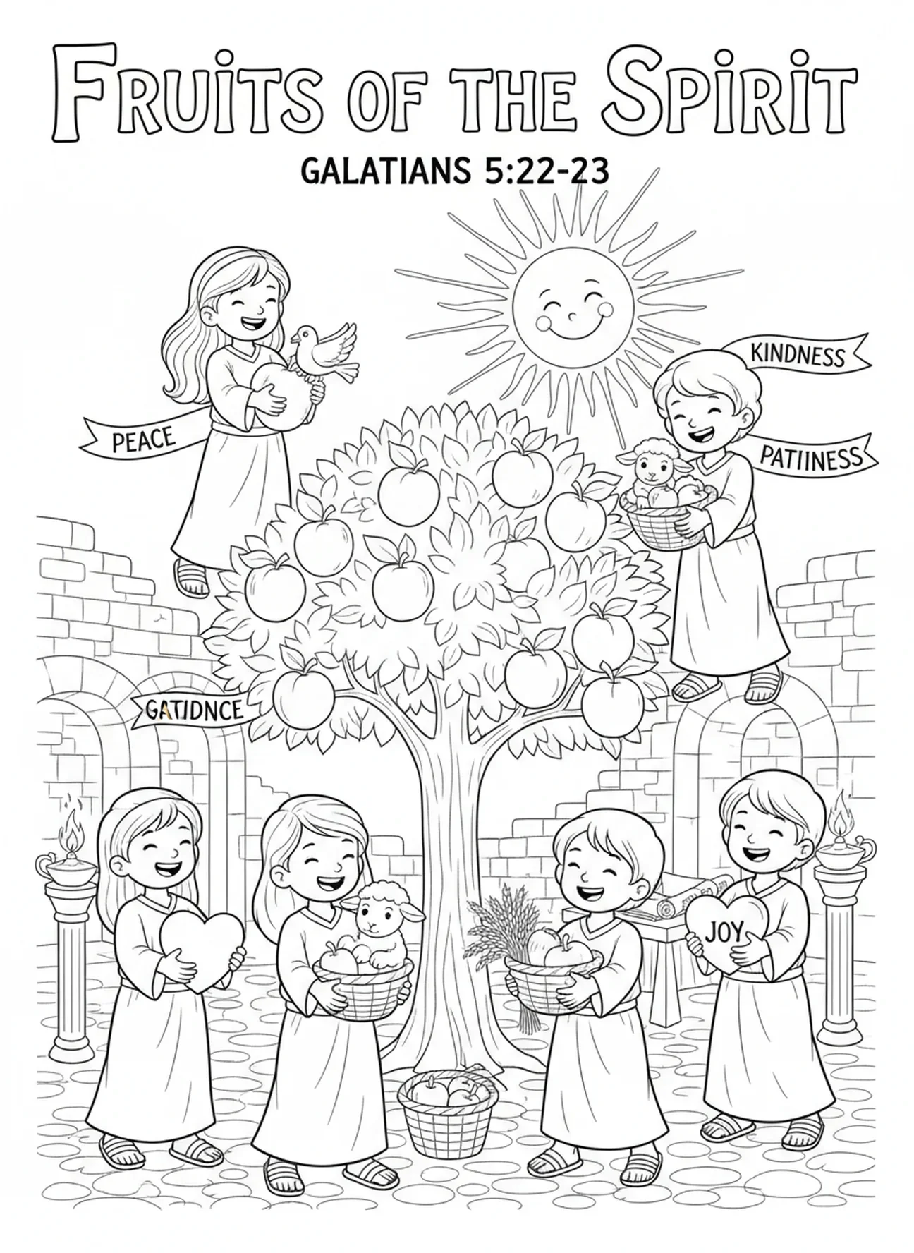 Kinder sammeln reife Früchte, Früchte des Geistes Ausmalbild für Sonntagsschulkinder im Alter von 5-12 Jahren.