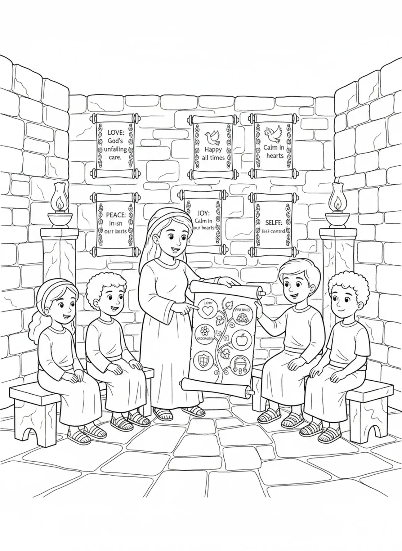 Kinder lernen über die Früchte des Geistes, Ausmalbild über die Früchte des Geistes für Sonntagsschulkinder im Alter von 5-12 Jahren.