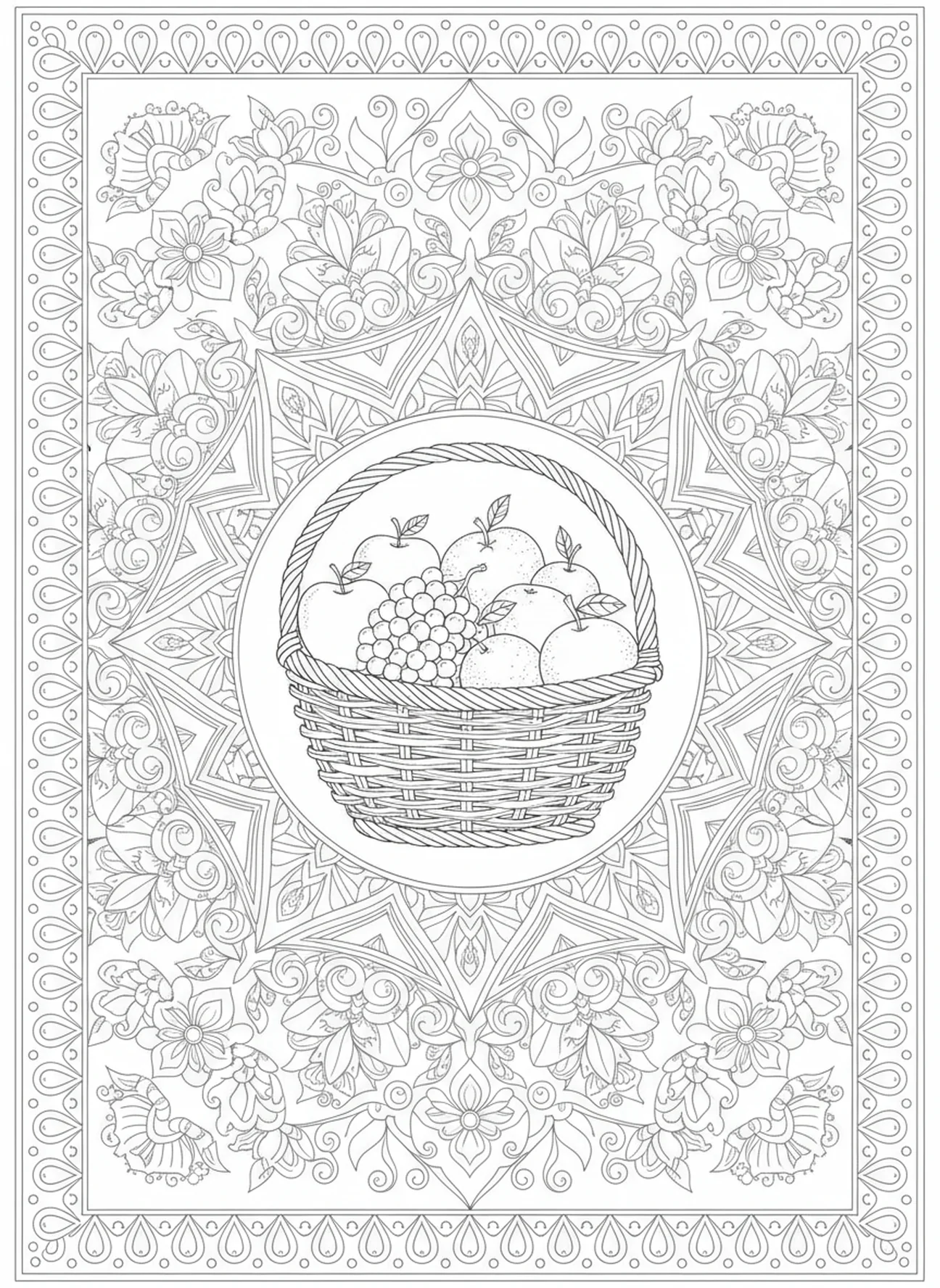 Cesta tejida llena de frutas, Gálatas 5:22 página para colorear sobre el Fruto del Espíritu estilo journaling bíblico para adultos