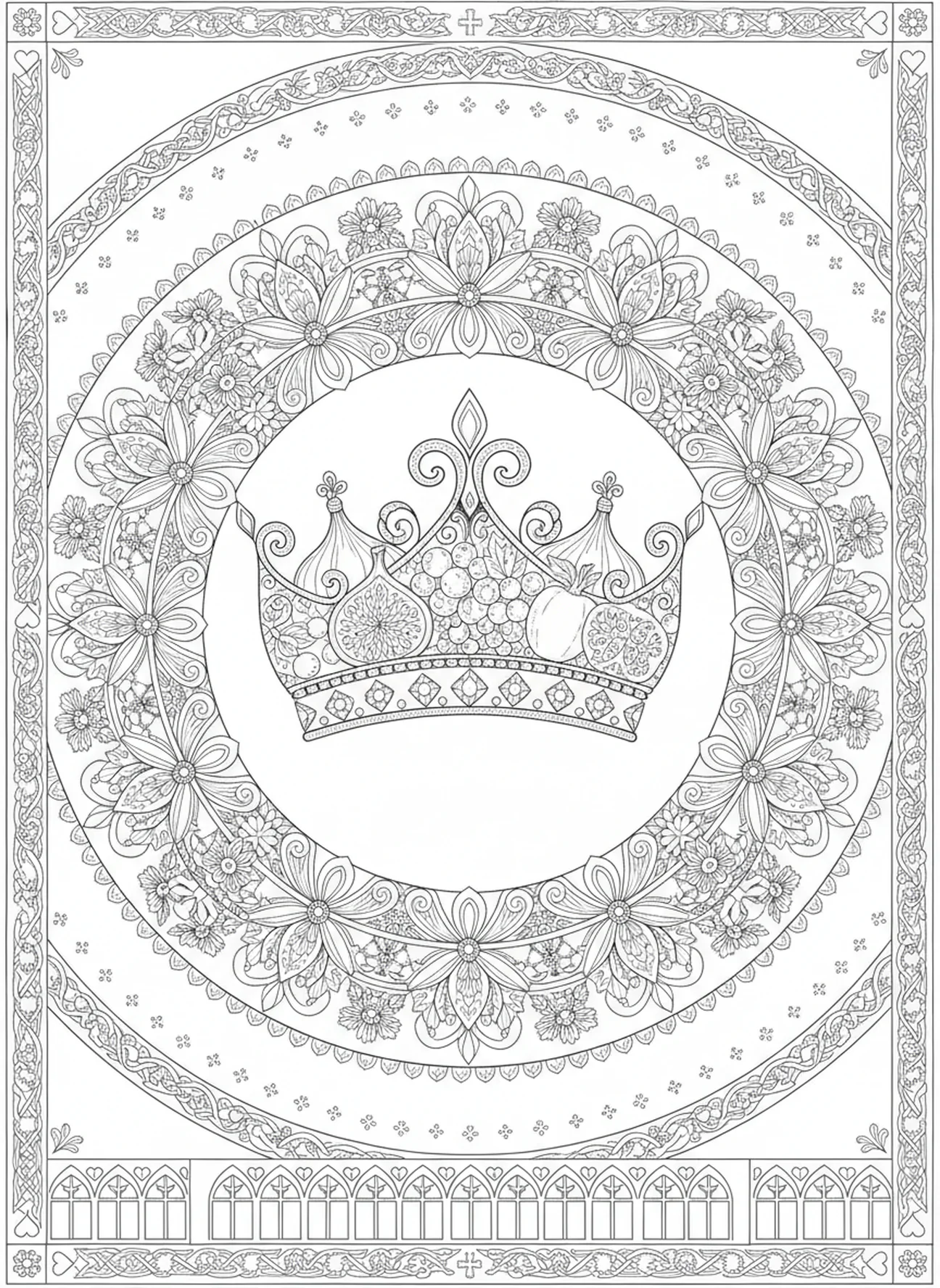 Corona ornamentada hecha de frutas, Galatas 5:22 página para colorear sobre el Fruto del Espíritu estilo journaling bíblico para adultos