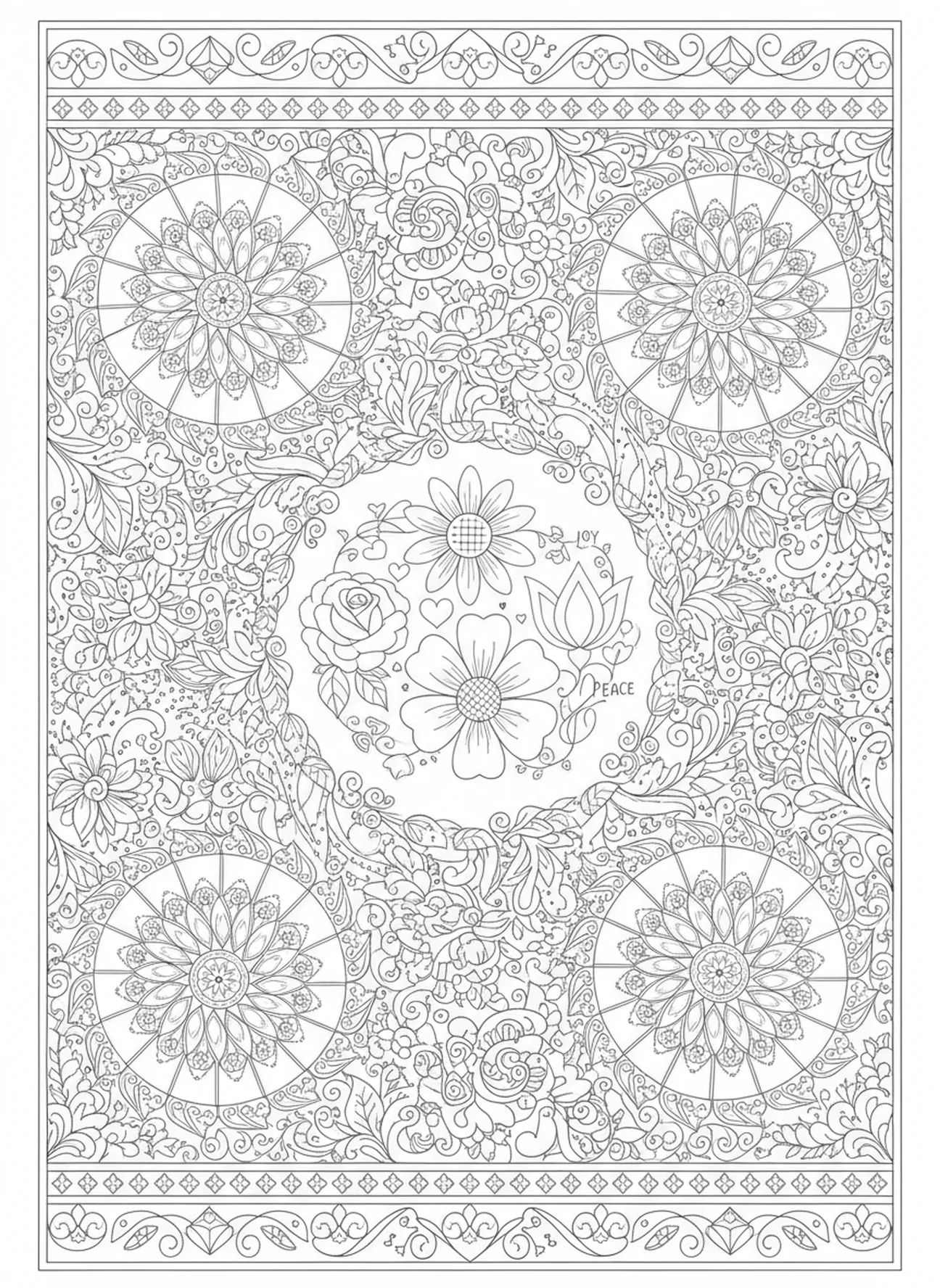 Colección de flores que simbolizan amor, alegría y paz, página para colorear sobre el Fruto del Espíritu de Gálatas 5:22, estilo de journaling bíblico para adultos