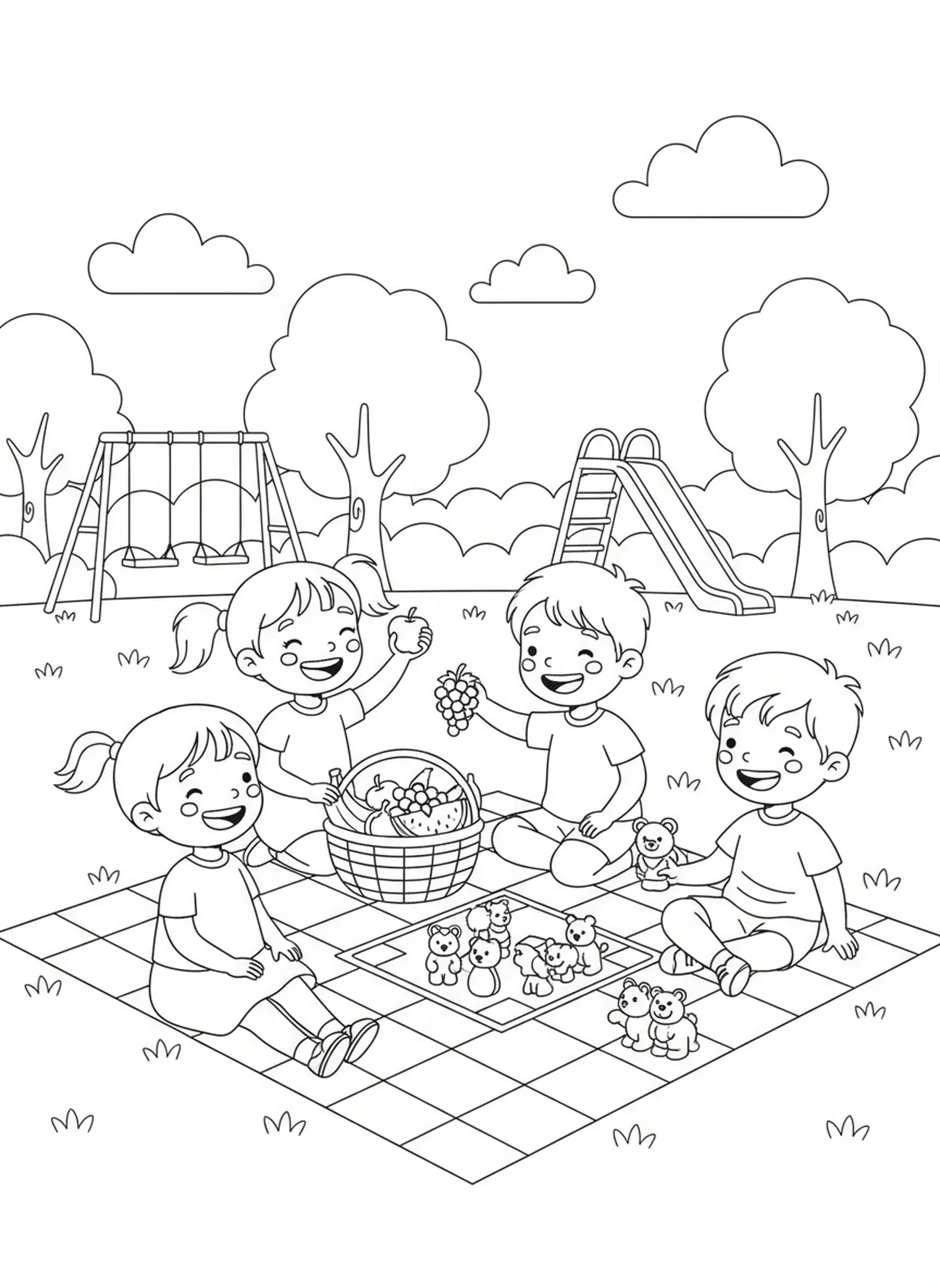 Niños felices en una manta de picnic, página para colorear sobre el Fruto del Espíritu de Gálatas 5:22 para niños de 5 a 10 años.