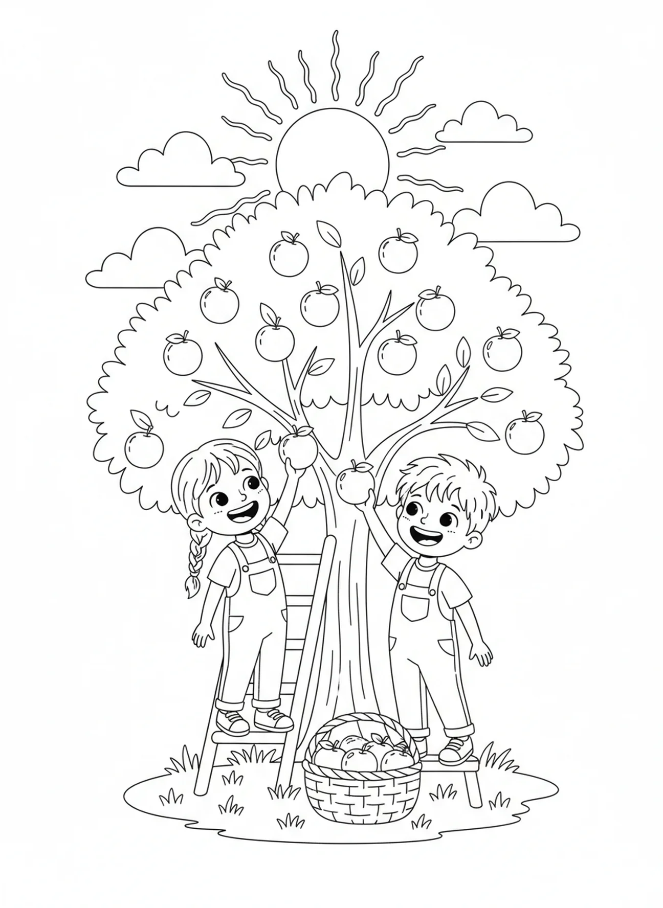 Dos niños recogiendo frutas, página para colorear sobre el Fruto del Espíritu de Gálatas 5:22 para niños de 5 a 10 años.