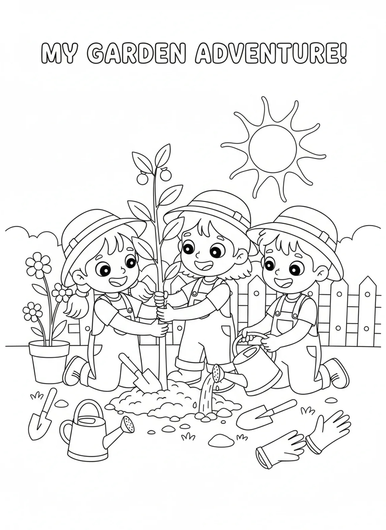 Niños plantando un joven árbol frutal, Gálatas 5:22 página para colorear sobre el Fruto del Espíritu para niños de 5 a 10 años.