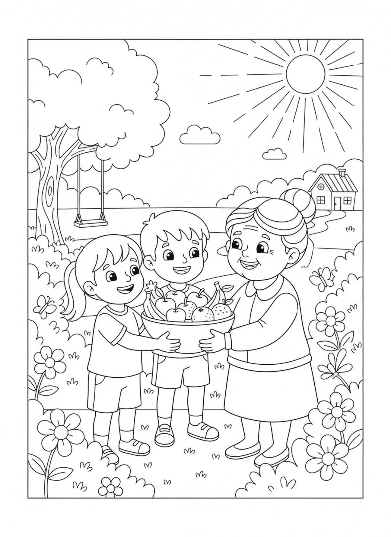 Niños compartiendo frutas con un vecino, Galatas 5:22 página para colorear sobre el Fruto del Espíritu para niños de 5 a 10 años.