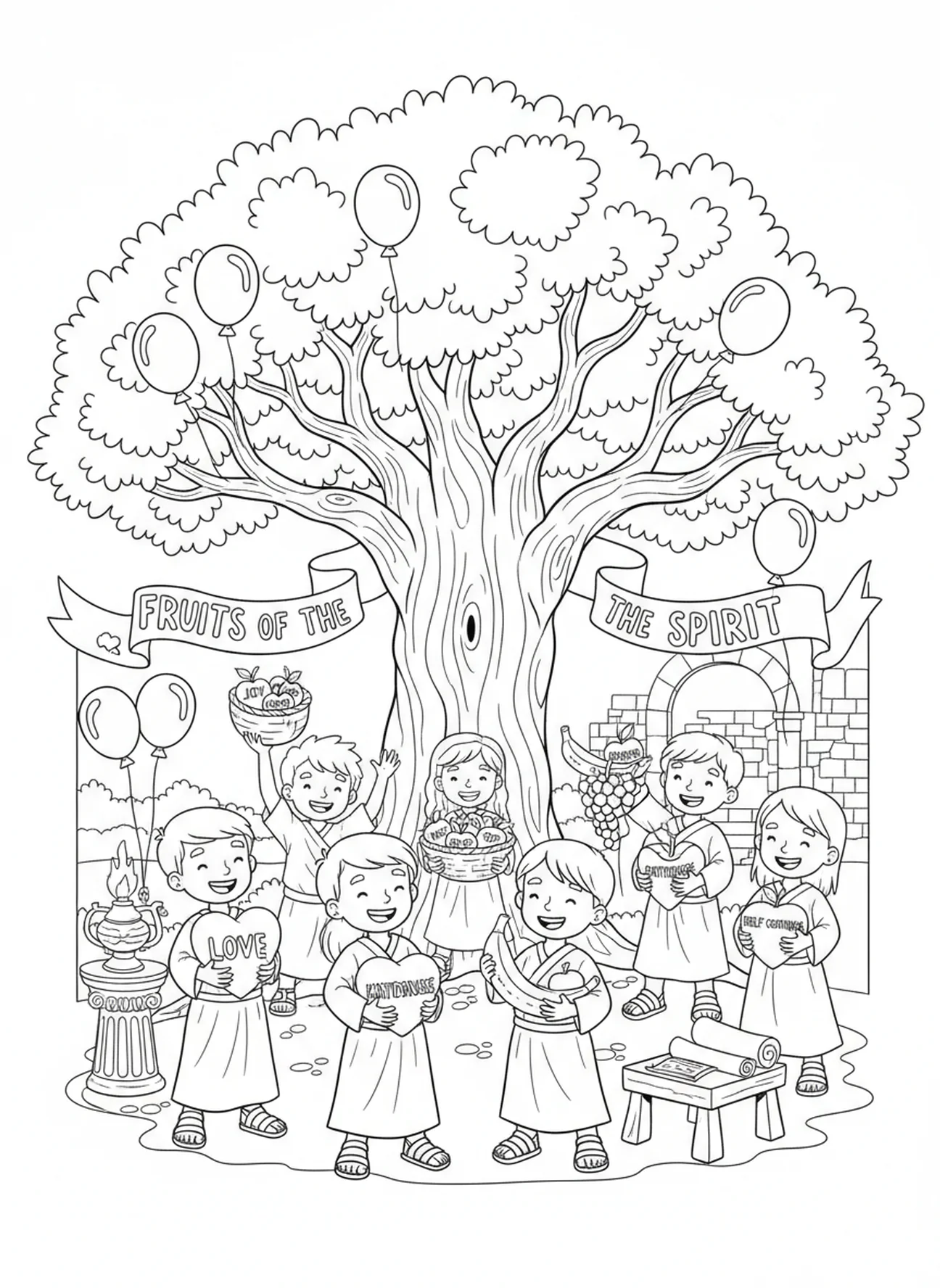 Niños celebrando bajo un árbol, página para colorear sobre los Frutos del Espíritu de Gálatas 5:22 para niños de Escuela Dominical de 5 a 12 años