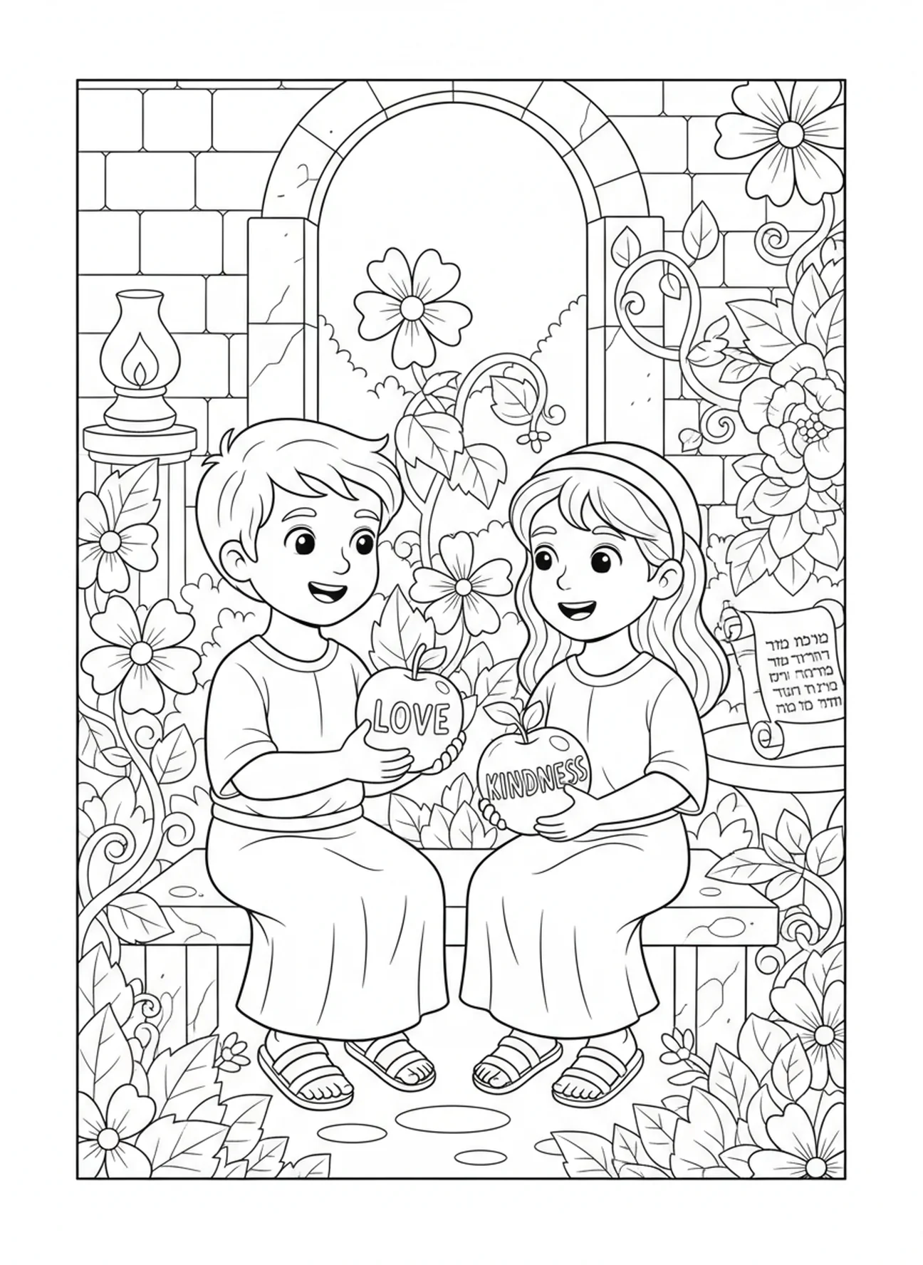 Niños compartiendo frutas, Galatas 5:22 página para colorear sobre el Fruto del Espíritu para niños de Escuela Dominical de 5 a 12 años