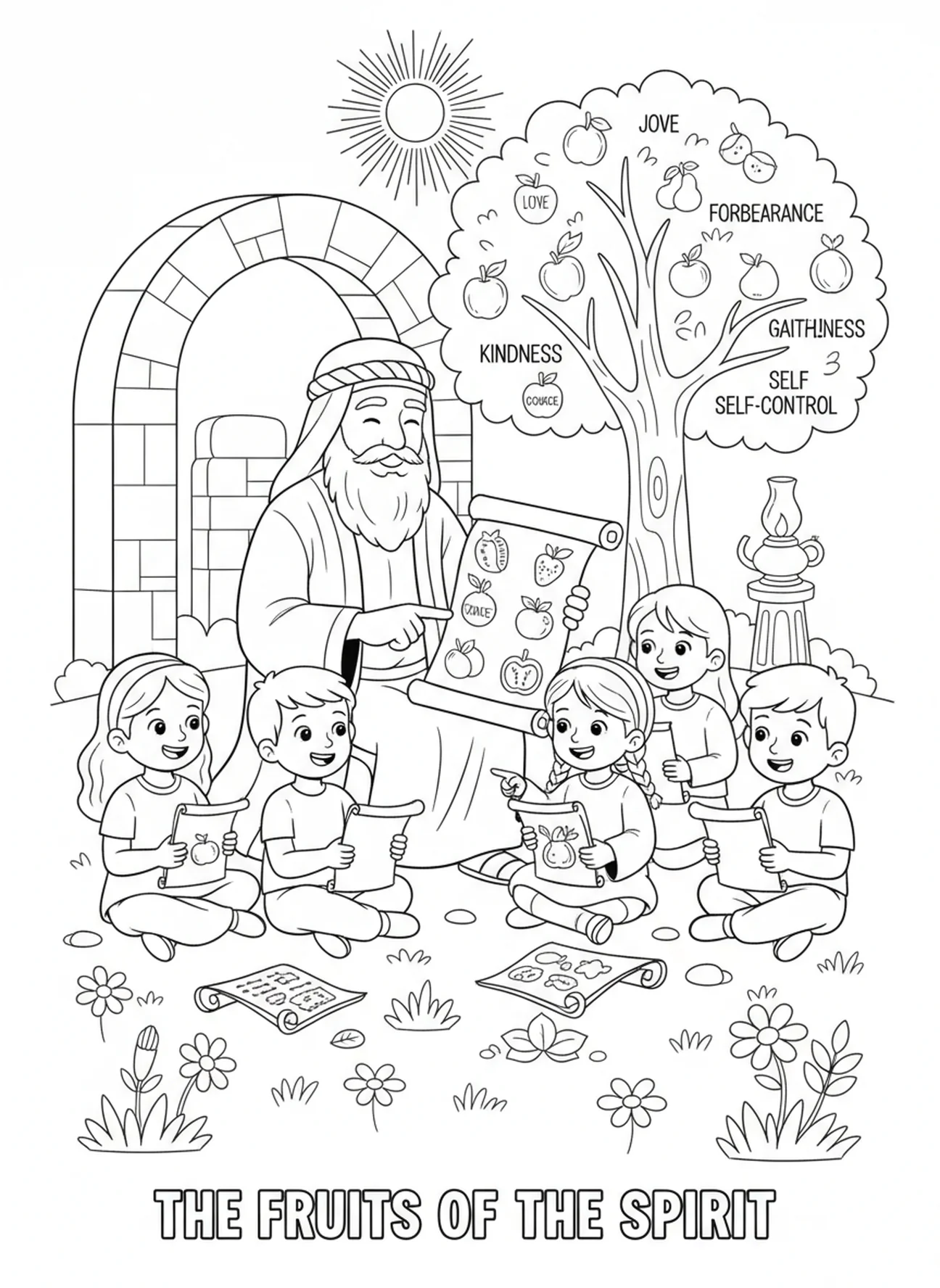 Maestro explicando los frutos, Gálatas 5:22 página para colorear sobre el Fruto del Espíritu para niños de Escuela Dominical de 5 a 12 años