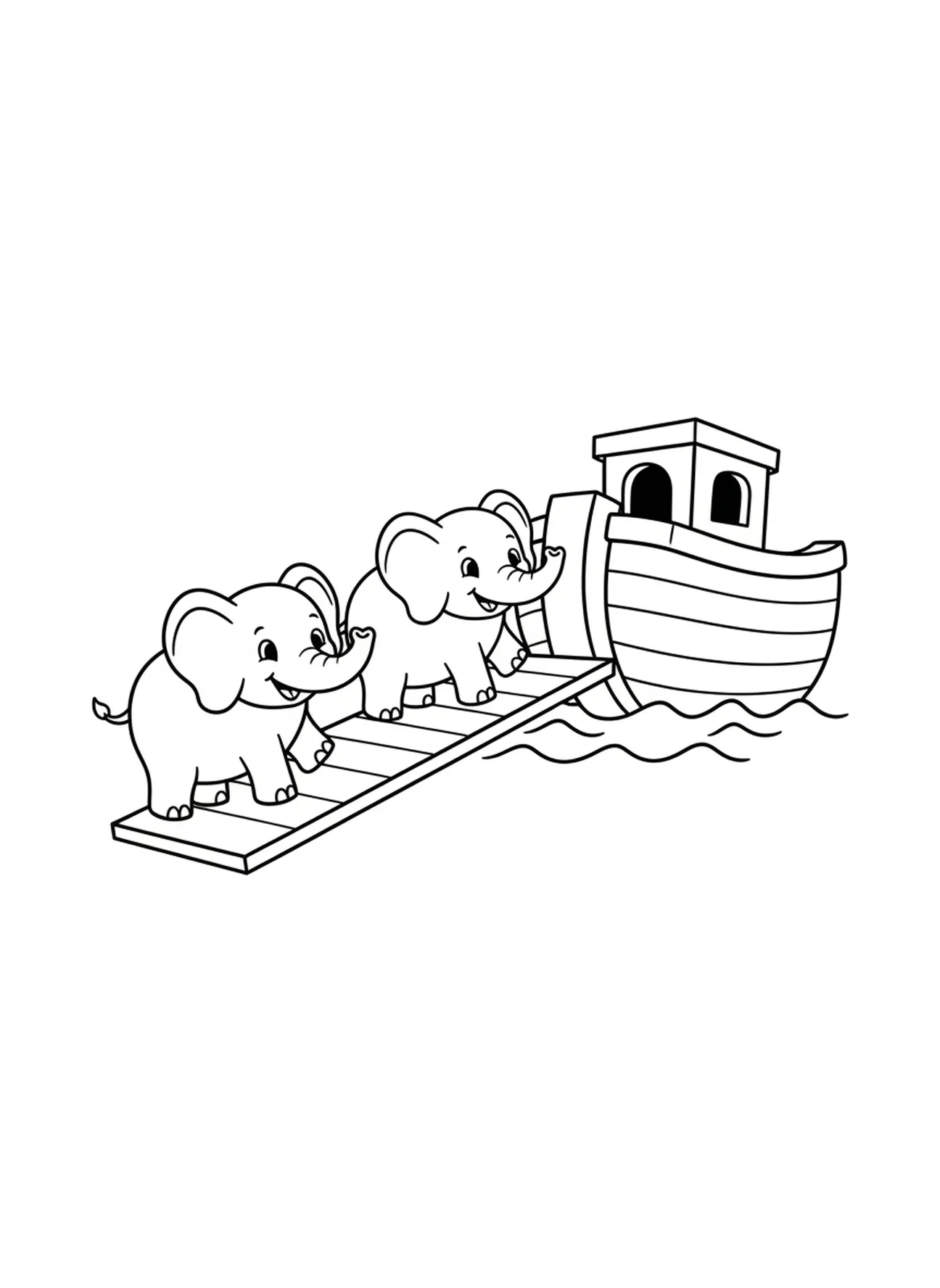 Zwei Cartoon-Elefanten, Ausmalbild von Noahs Arche für Vorschulkinder im Alter von 3-5 Jahren