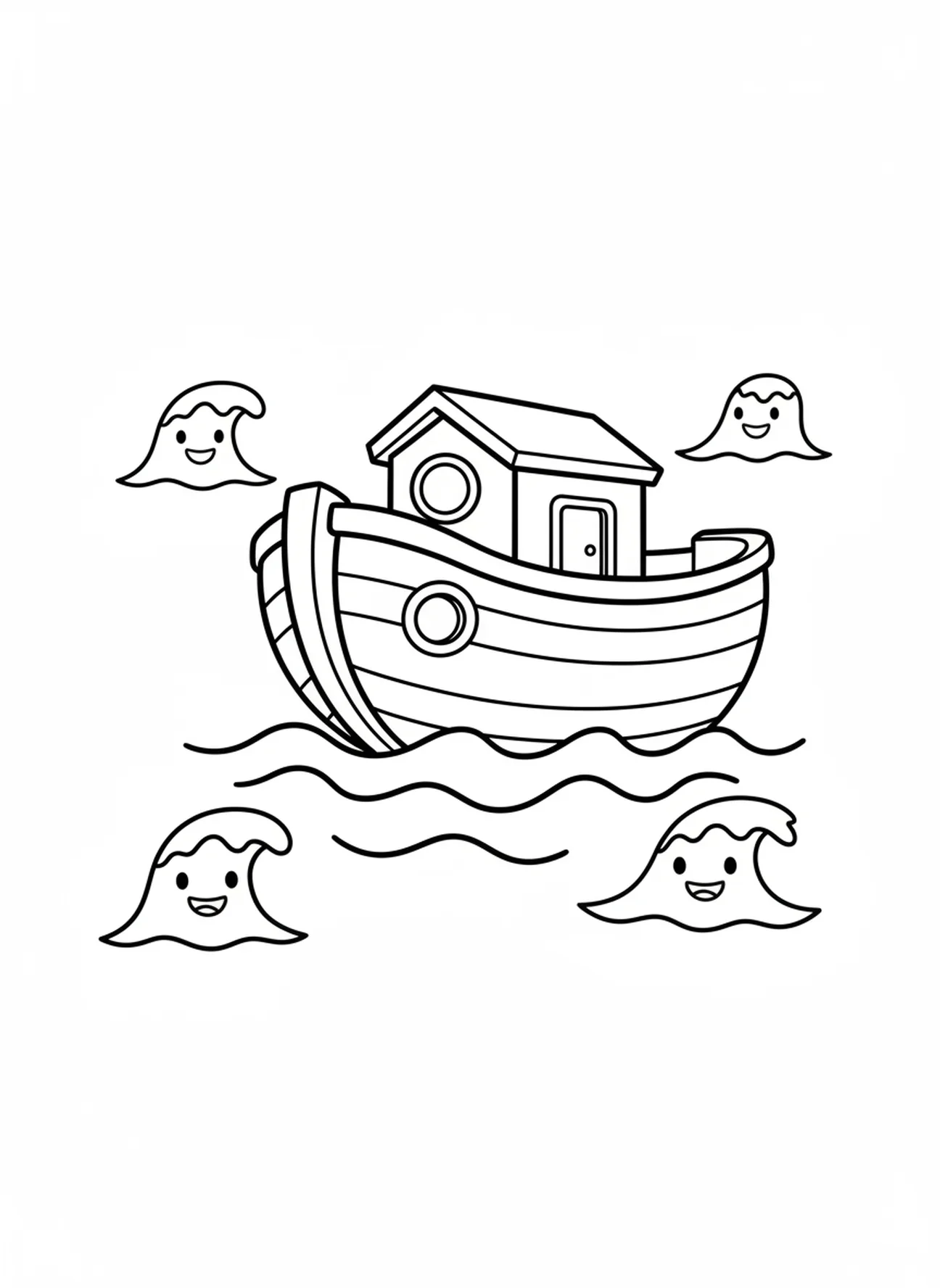 Die Arche schwimmt auf dem Wasser, Ausmalbild von Noahs Arche für Vorschulkinder im Alter von 3-5 Jahren