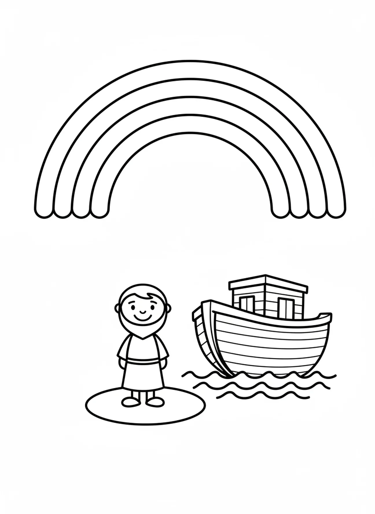 Regenbogen über Noah, Ausmalbild von Noahs Arche für Vorschulkinder im Alter von 3-5 Jahren