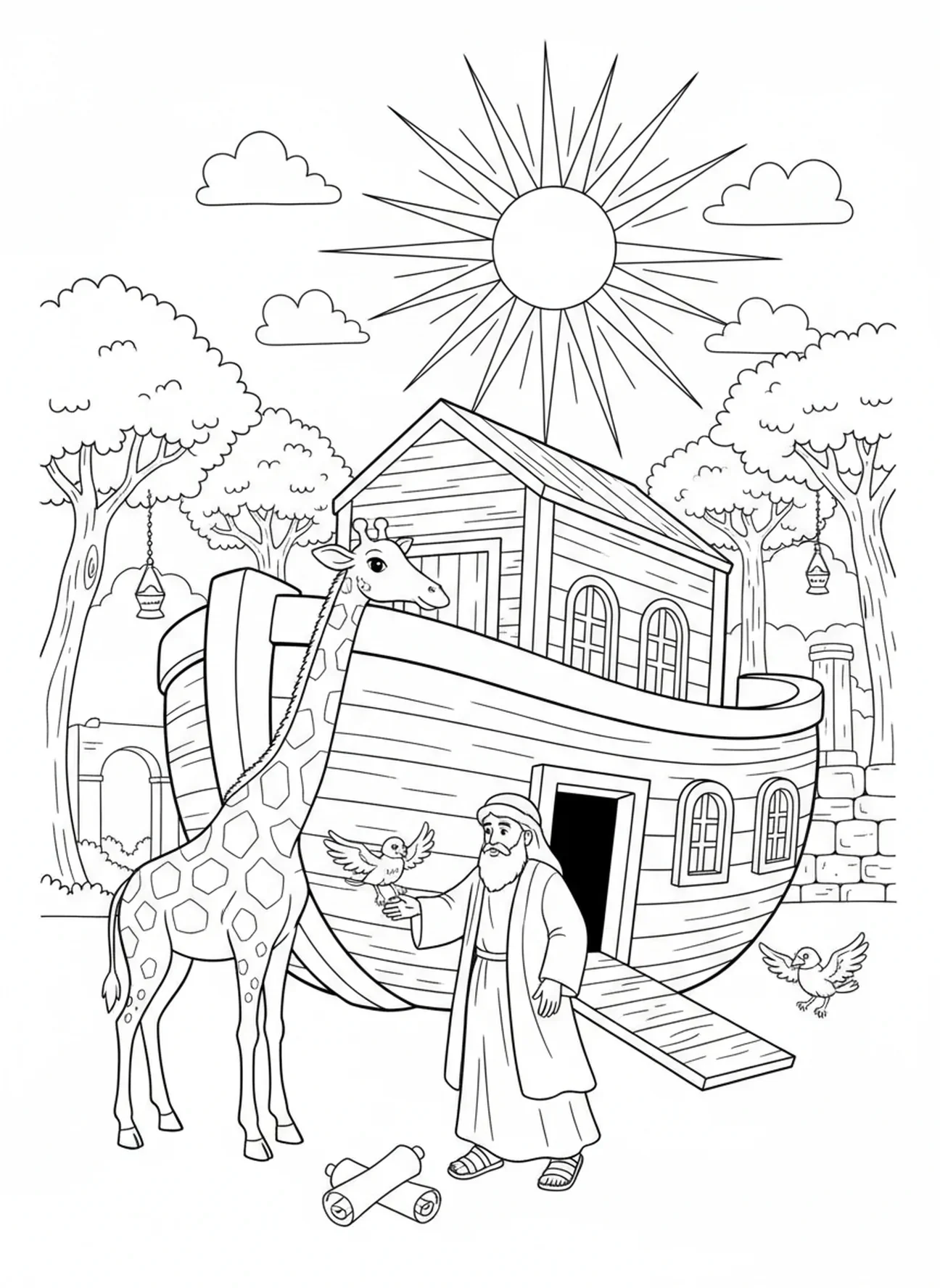 Tiere steigen in die Arche, Ausmalbild von Noahs Arche für Kinder in der Sonntagsschule im Alter von 5-12 Jahren.