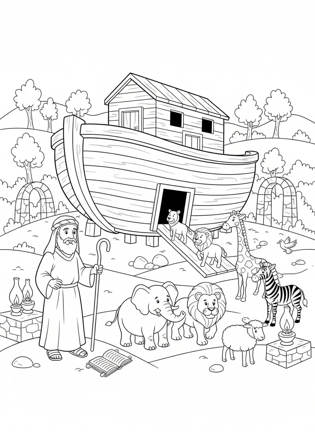 Tierpaare nähern sich der Arche, Ausmalbild von Noahs Arche für Kinder in der Sonntagsschule im Alter von 5-12 Jahren.