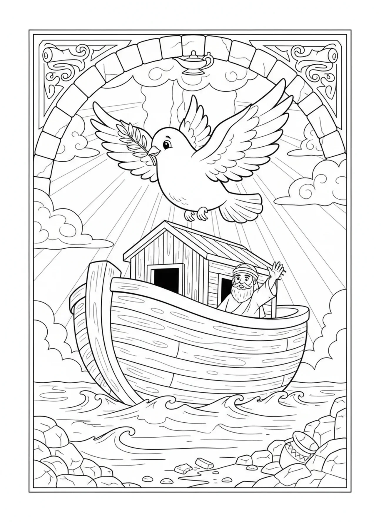 Taube mit Olivenzweig, Ausmalbild von Noahs Arche für Kinder in der Sonntagsschule im Alter von 5-12 Jahren.