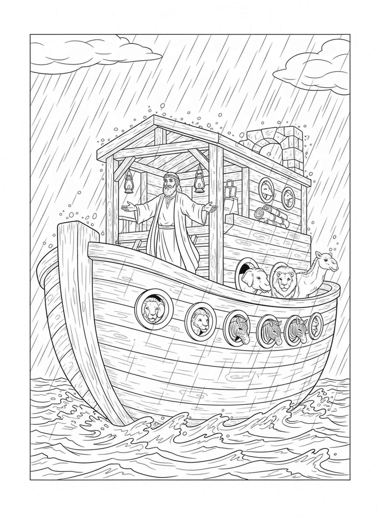 Noah beobachtet den Regen, Ausmalbild von Noahs Arche für Kinder im Alter von 5-12 Jahren in der Sonntagsschule.