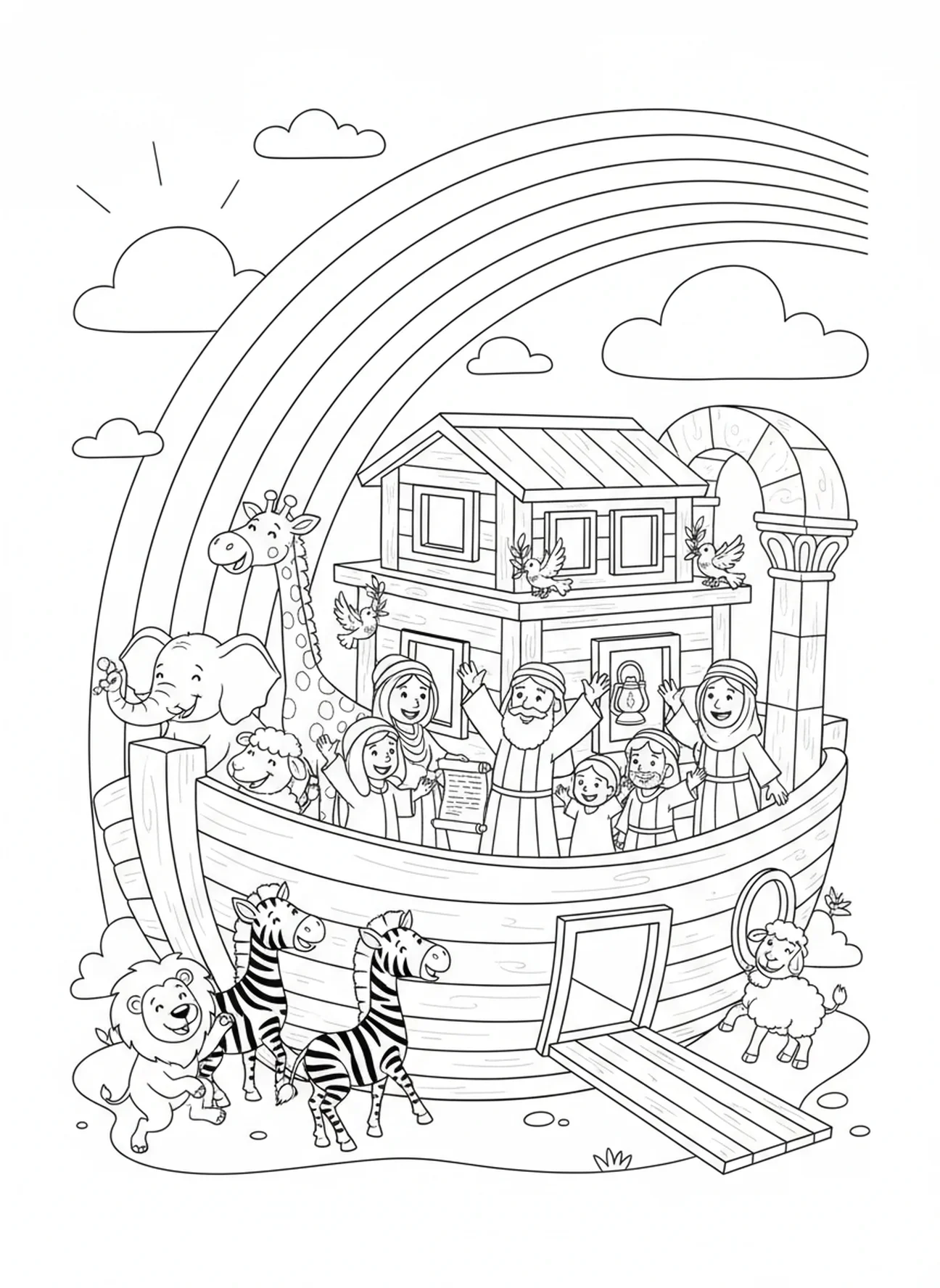 Regenbogen über der Arche, Ausmalbild von Noahs Arche für Kinder in der Sonntagsschule im Alter von 5-12 Jahren.
