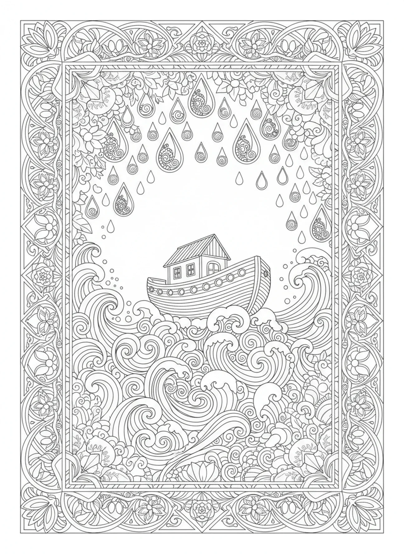 Die Arche segelt auf unruhigen Gewässern, Ausmalbild für Erwachsene im Stil des Bibeljournaling.