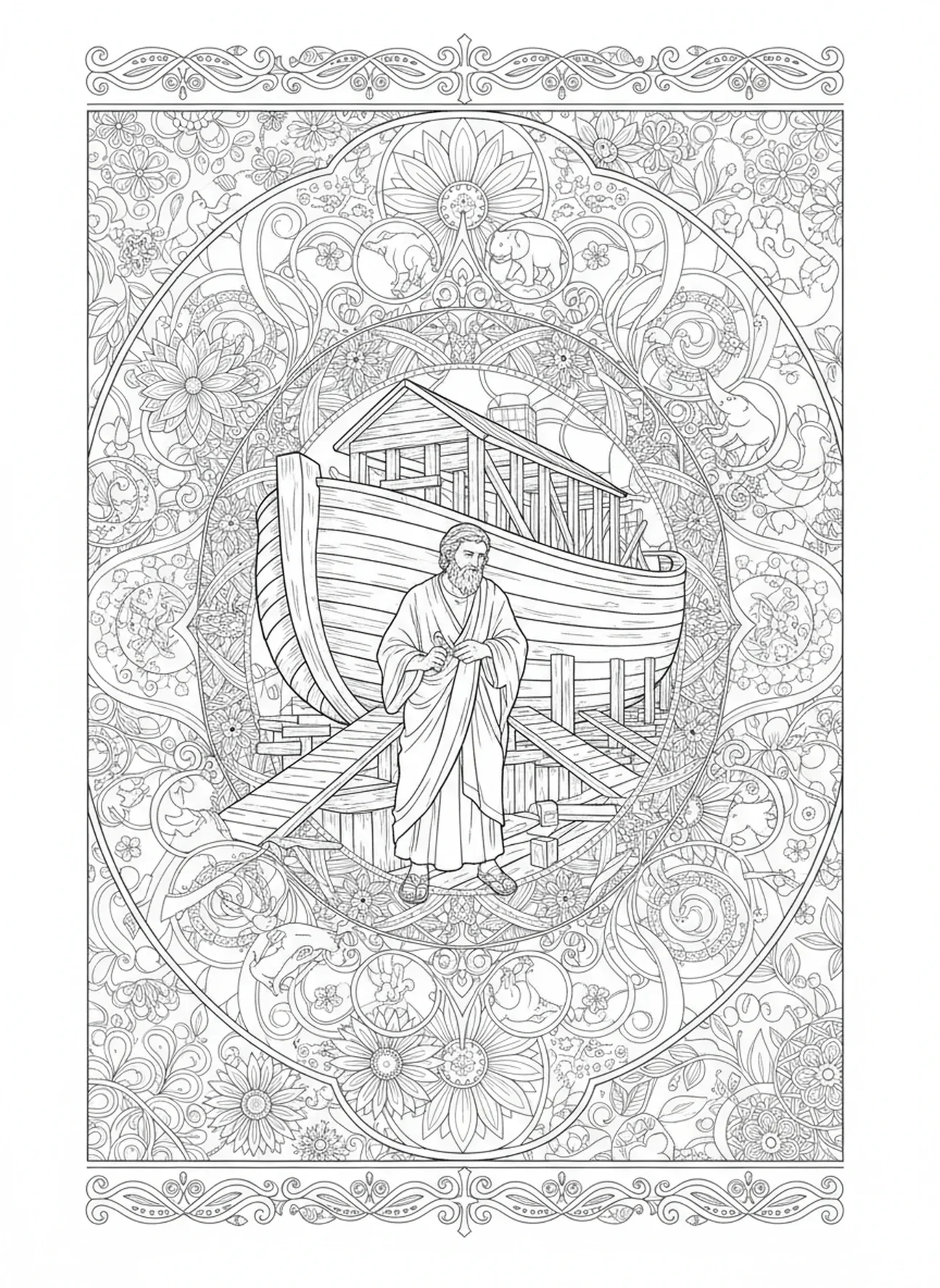 Noah baut die Arche, Ausmalbild für Erwachsene im Stil des Bibeljournaling.