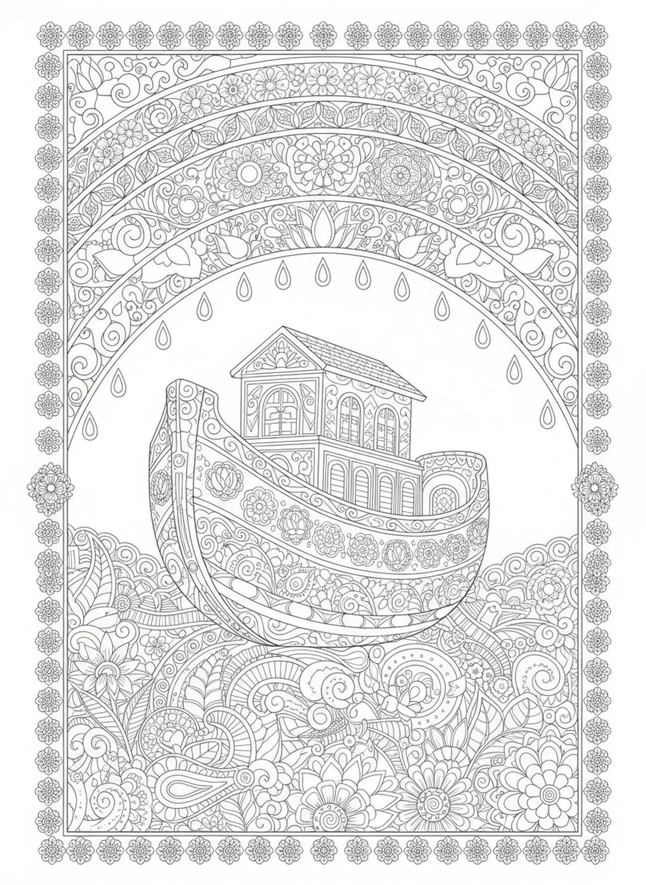 Regenbogen über der Arche, Ausmalbild für Erwachsene im Stil des Bibel-Journaling.
