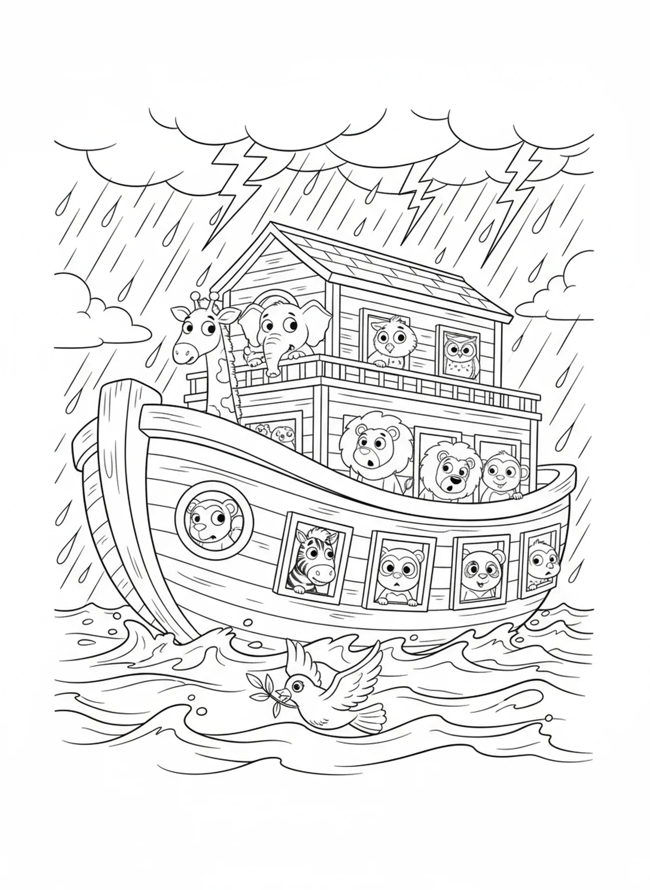 Arche flottant sous la pluie, page à colorier de la Bible pour enfants de 5 à 10 ans