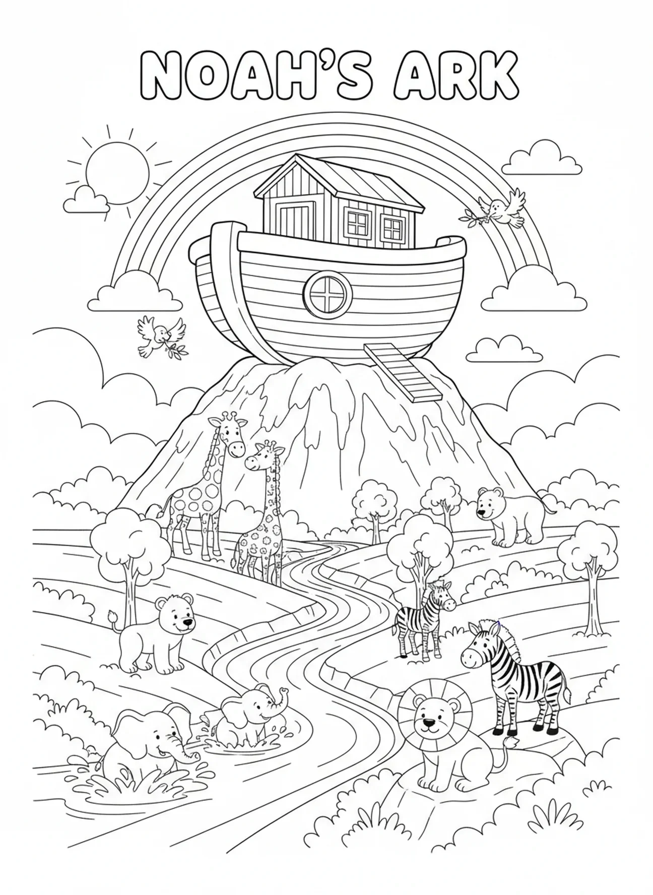L'arche sur la montagne, page à colorier de la Bible pour les enfants de 5 à 10 ans