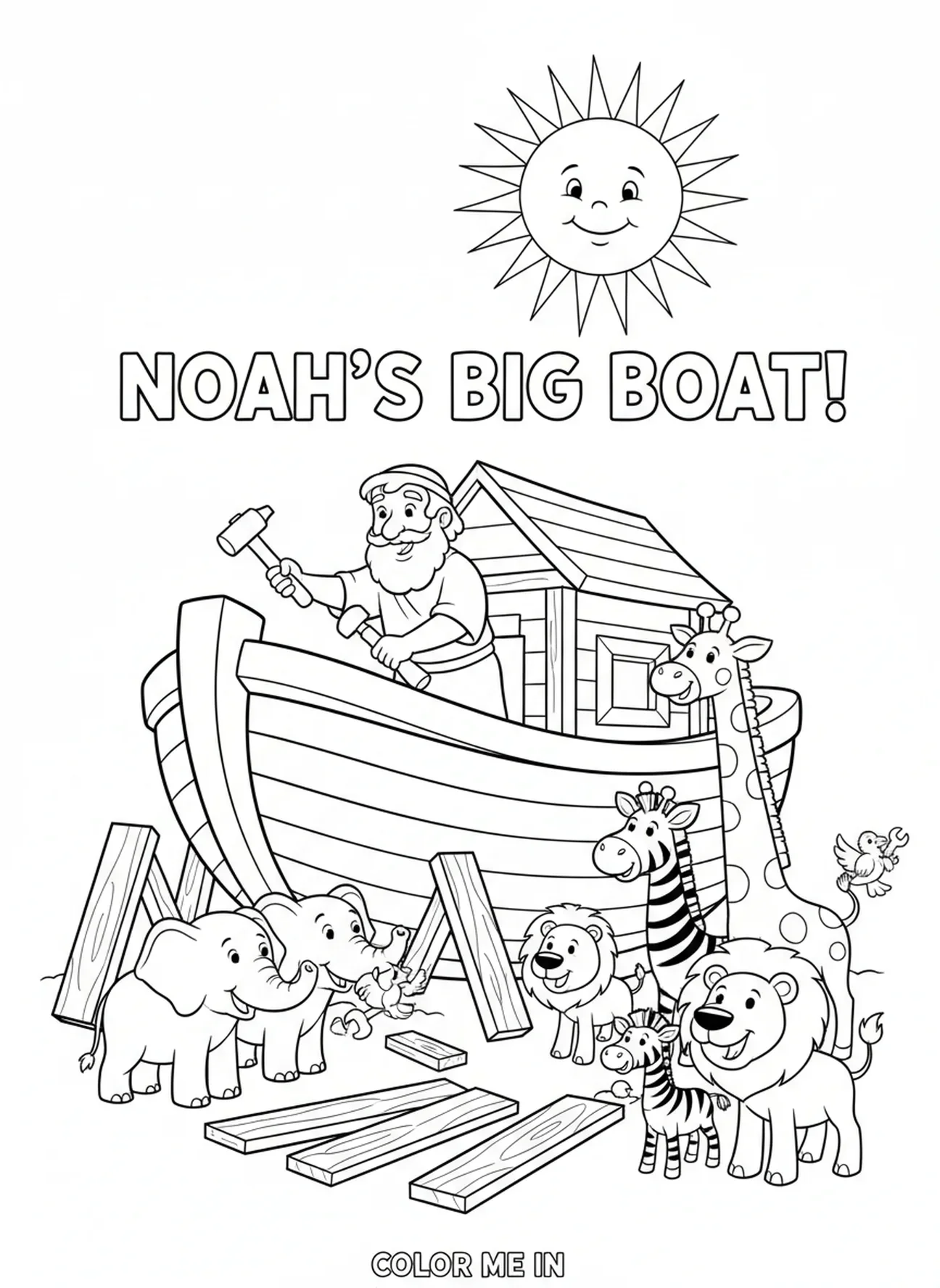 Noé construisant l'arche, page à colorier de la Bible pour enfants de 5 à 10 ans