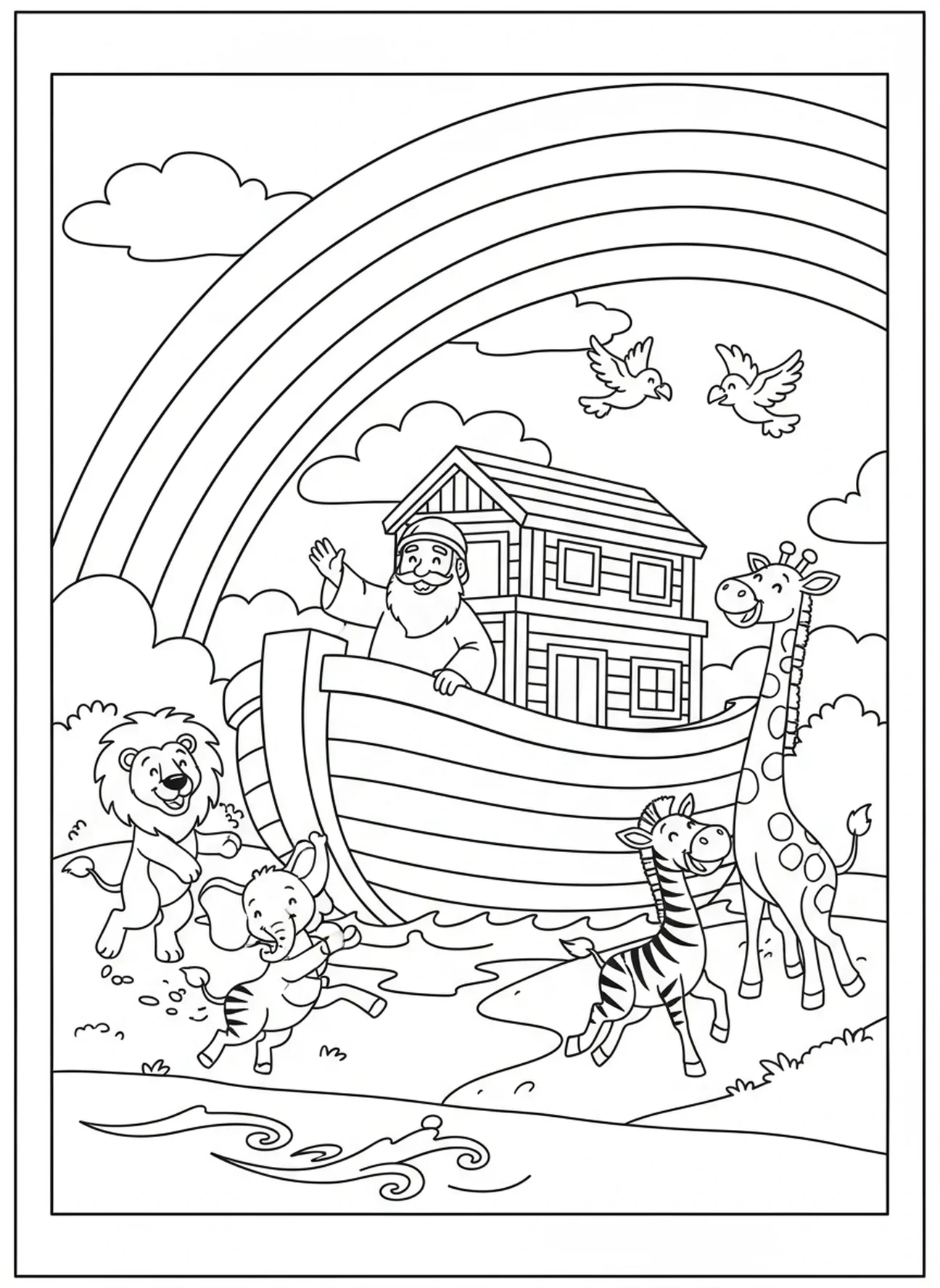 Arc-en-ciel au-dessus de l'arche, page à colorier de la Bible pour enfants de 5 à 10 ans