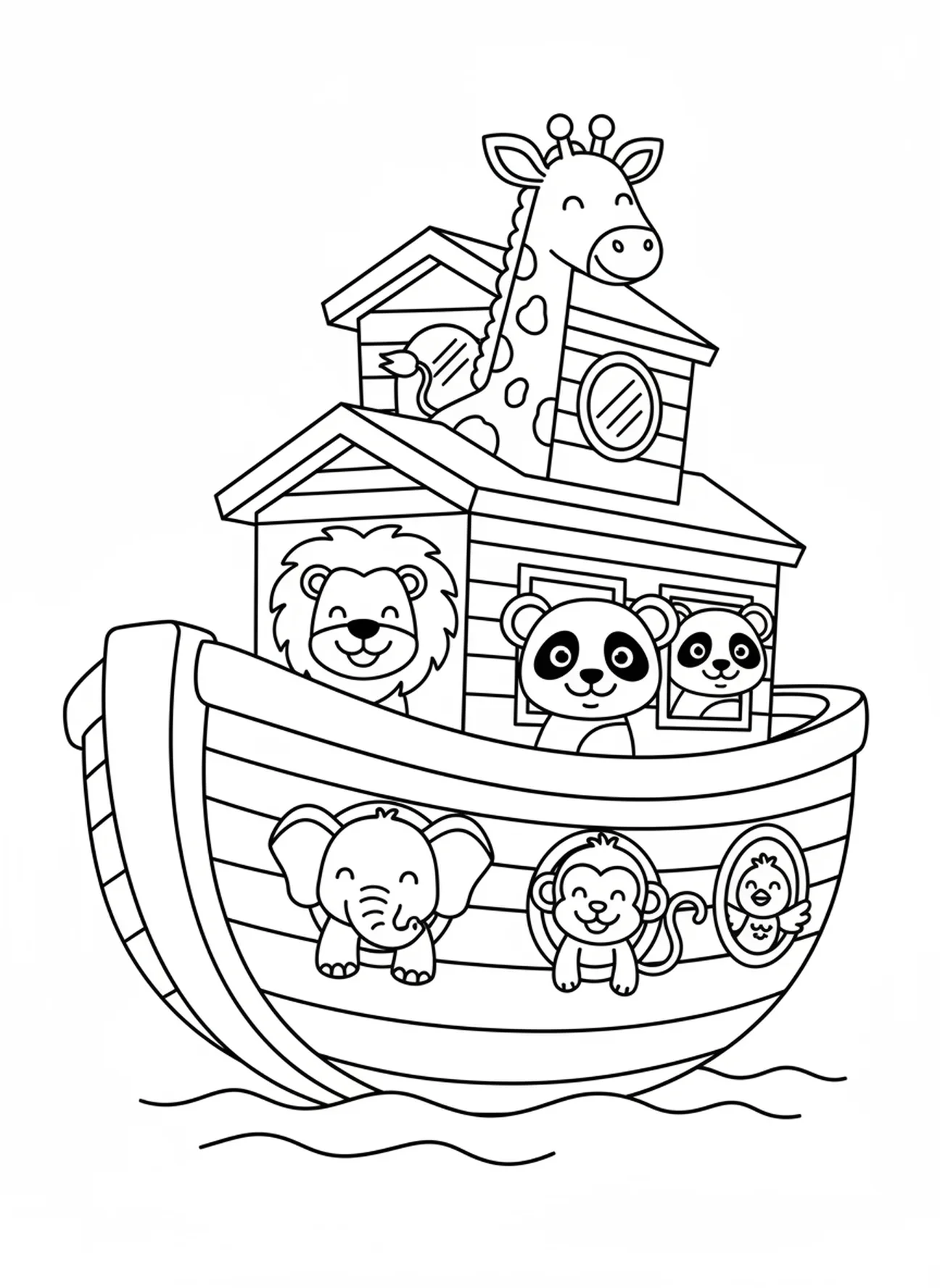 Des animaux de dessin animé regardant par les fenêtres de l'arche, livre de coloriage de l'arche de Noé pour les enfants d'âge préscolaire de 3 à 5 ans.