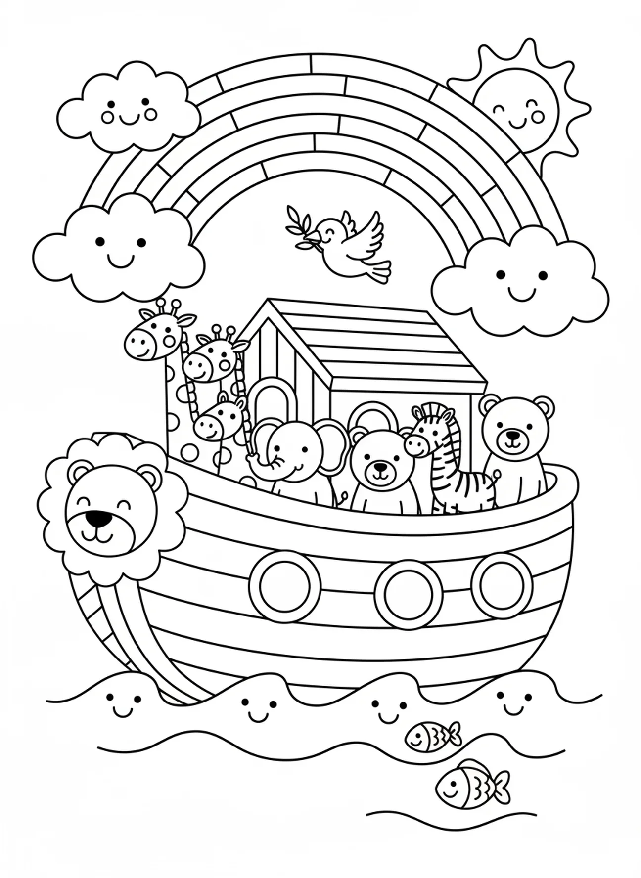 Grande arche flottant sur des vagues, livre de coloriage de l'Arche de Noé pour les enfants d'âge préscolaire de 3 à 5 ans.
