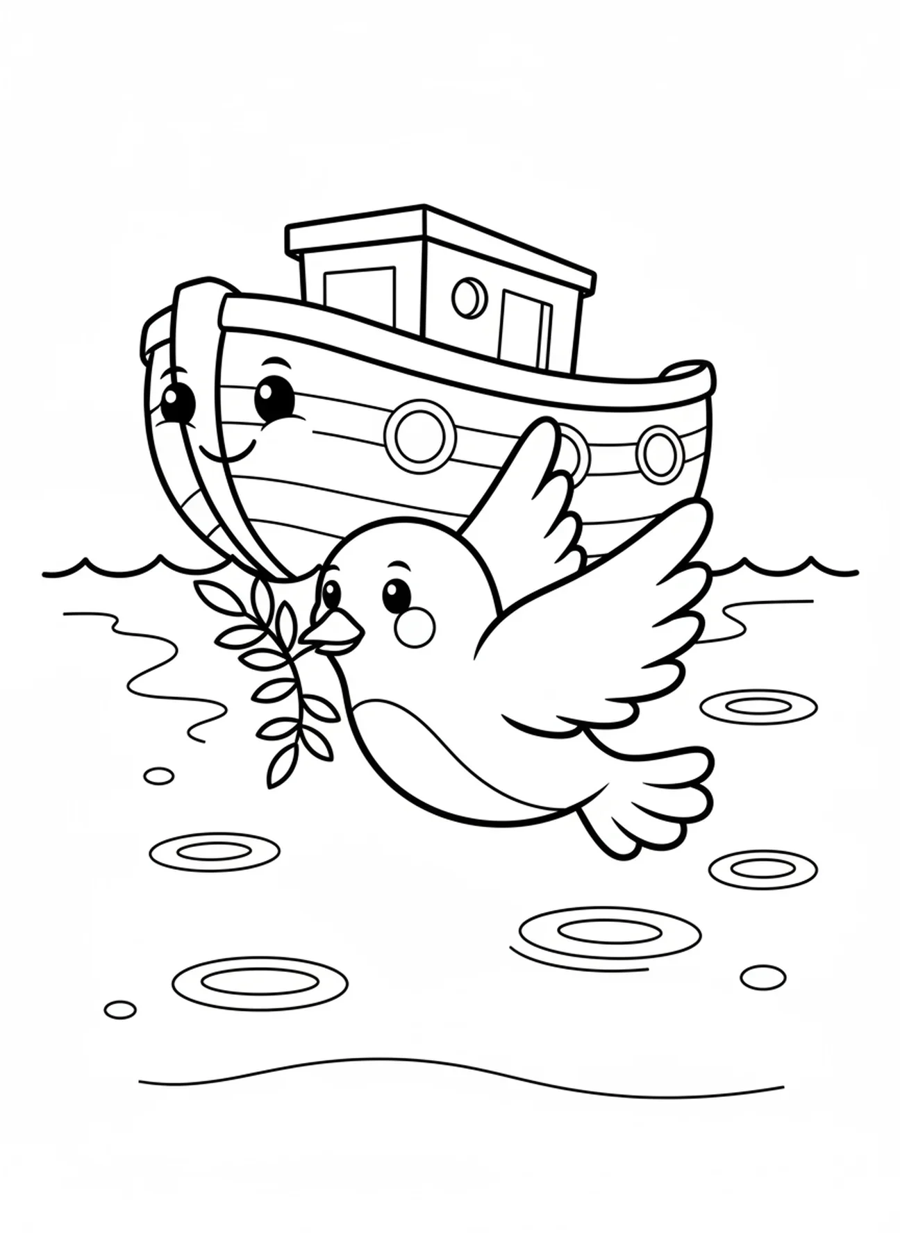 Colombe portant une branche d'olivier au-dessus de l'eau, livre de coloriage de l'Arche de Noé pour les enfants d'âge préscolaire de 3 à 5 ans.