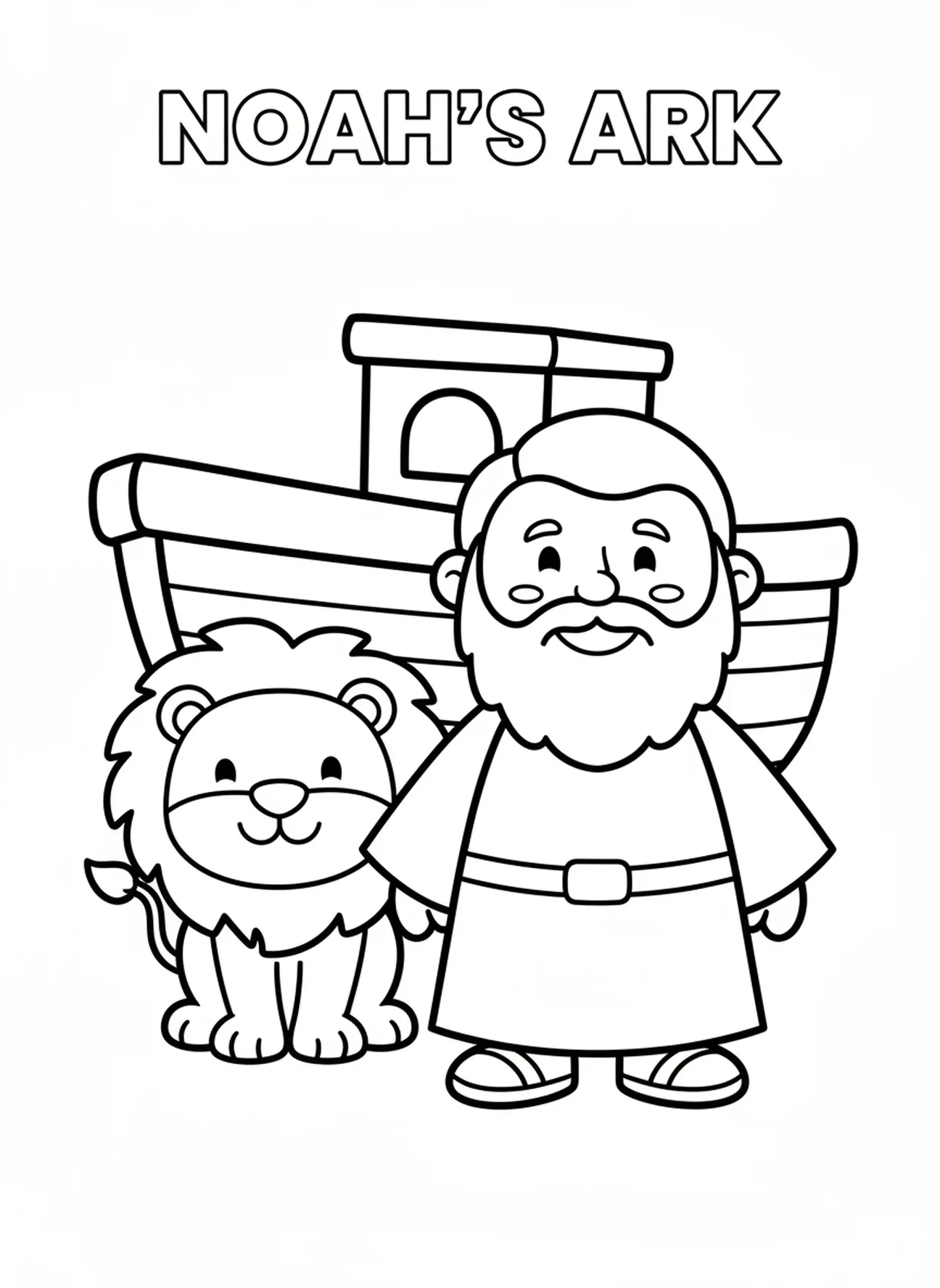 Noé souriant et grande arche, livre de coloriage de l'Arche de Noé pour les enfants d'âge préscolaire de 3 à 5 ans.