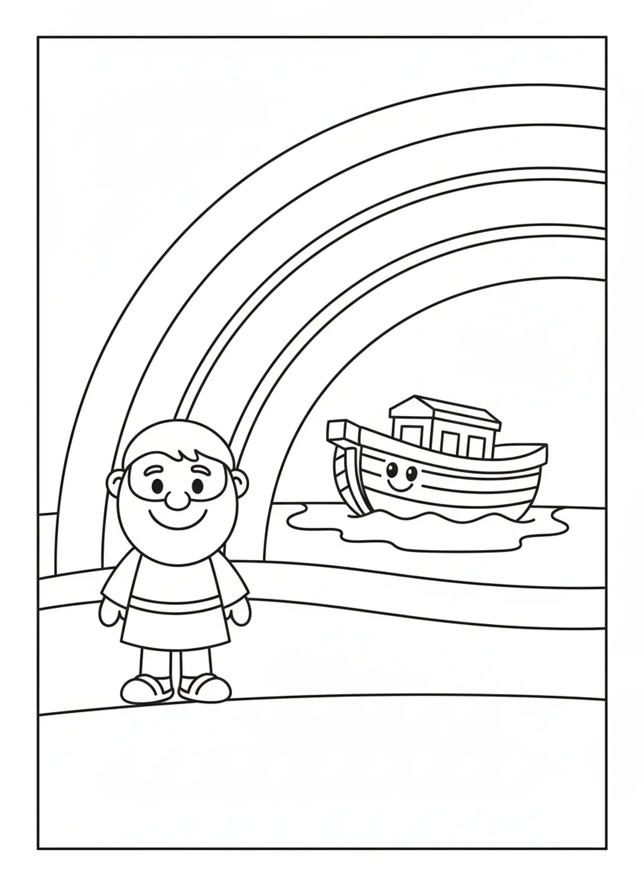 Arc-en-ciel au-dessus de Noé souriant, livre de coloriage de l'Arche de Noé pour les enfants d'âge préscolaire de 3 à 5 ans.
